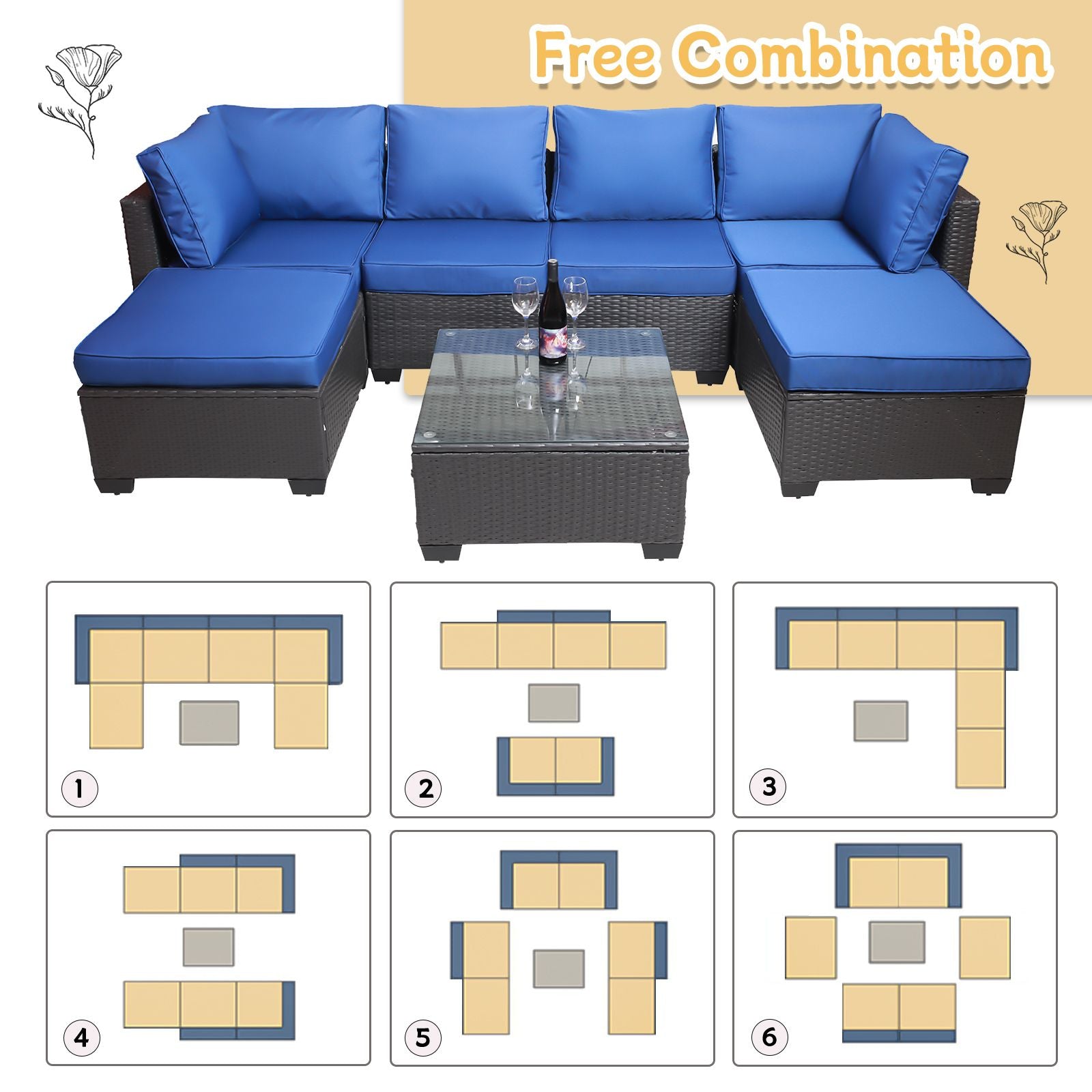 7 Pieces Outdoor Patio Sectional Sofa Couch, Silver Gray PE Wicker Furniture Conversation Sets with Washable Cushions & Glass Coffee Table for Garden, Poolside, Backyard
