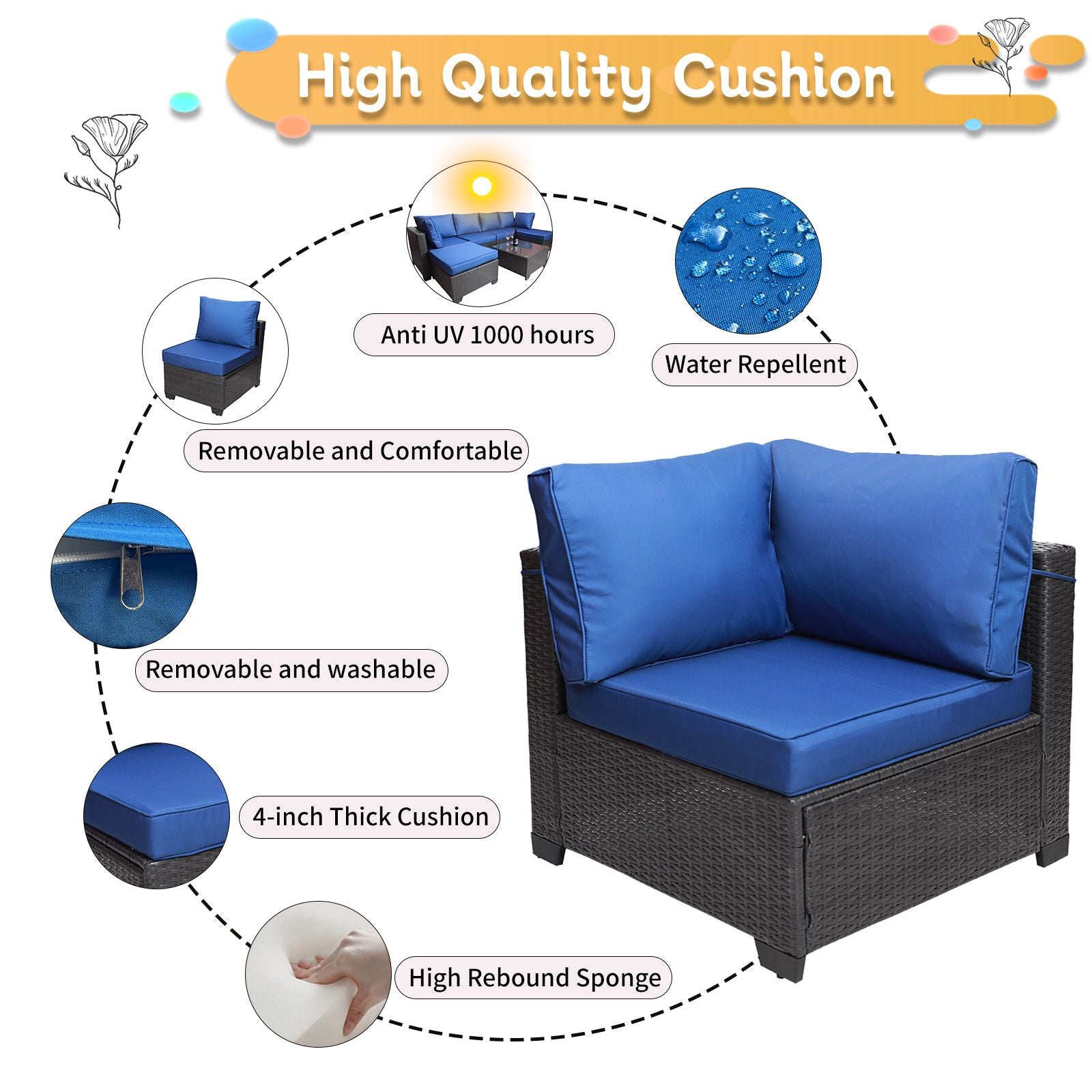 7 Pieces Outdoor Patio Sectional Sofa Couch, Silver Gray PE Wicker Furniture Conversation Sets with Washable Cushions & Glass Coffee Table for Garden, Poolside, Backyard