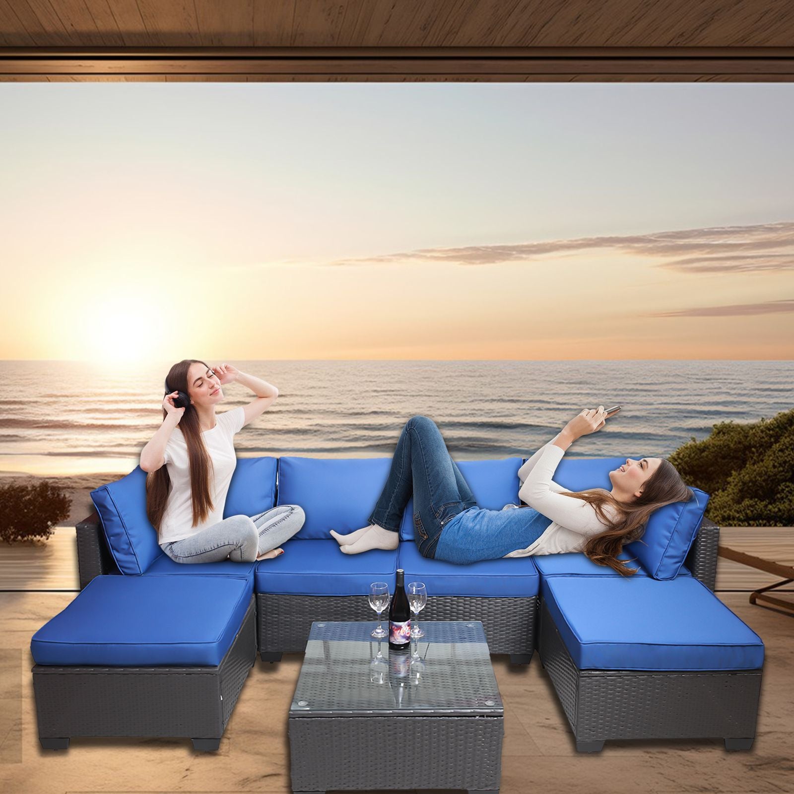 7 Pieces Outdoor Patio Sectional Sofa Couch, Silver Gray PE Wicker Furniture Conversation Sets with Washable Cushions & Glass Coffee Table for Garden, Poolside, Backyard