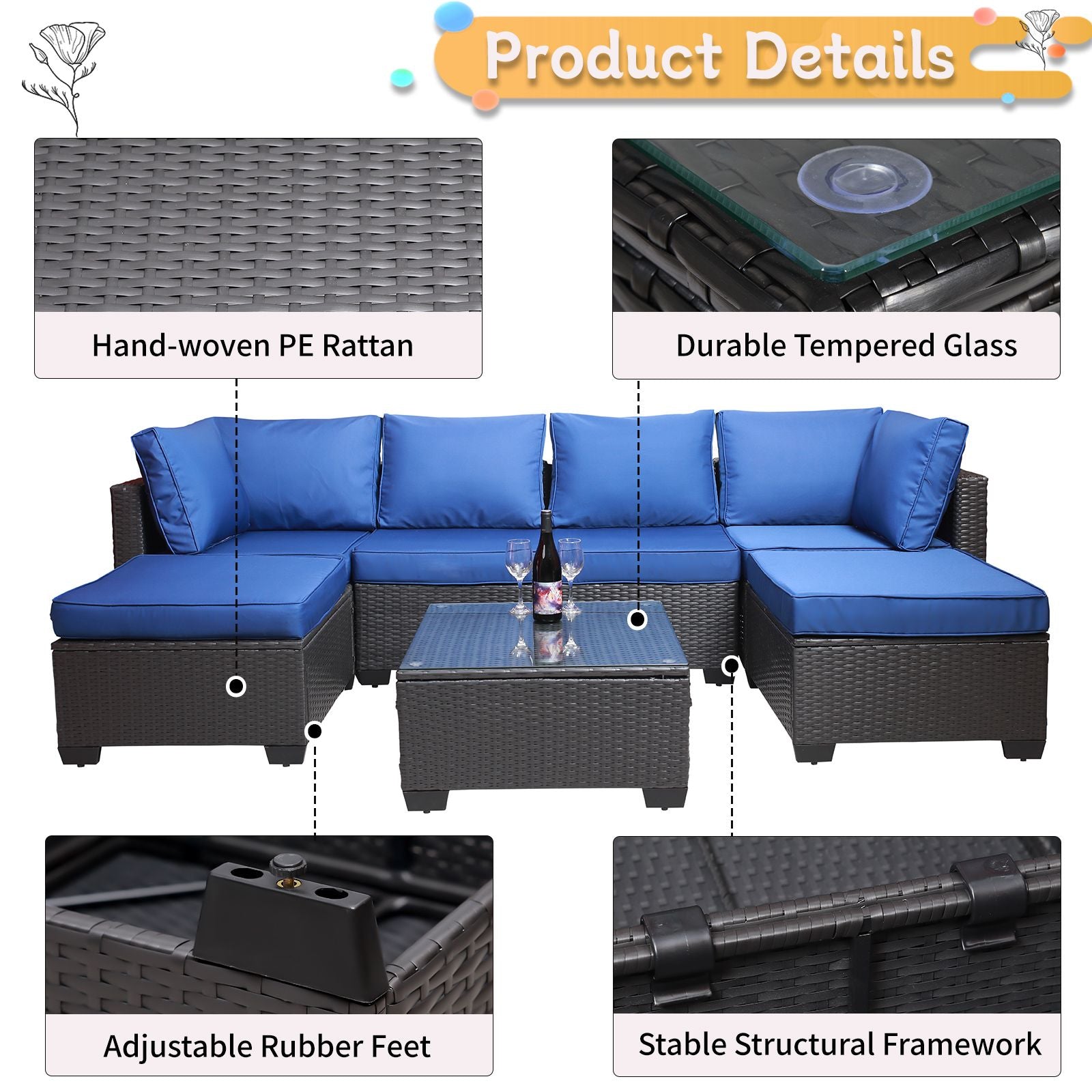 7 Pieces Outdoor Patio Sectional Sofa Couch, Silver Gray PE Wicker Furniture Conversation Sets with Washable Cushions & Glass Coffee Table for Garden, Poolside, Backyard