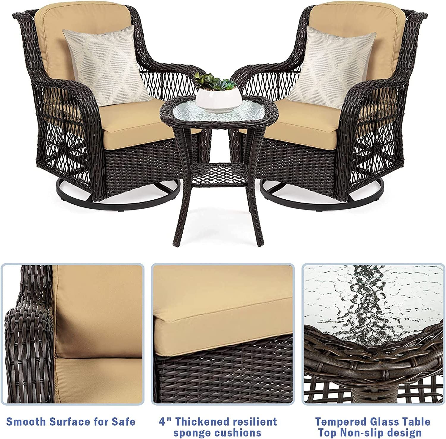 Outdoor Bistro Set 3 Pieces;  Outdoor Resin Wicker Swivel Rocker Patio Chair;  360-Degree Swivel Rocking Chairs and Tempered Glass Top Side Coffee Table;  Outdoor Rattan Conversation Sets