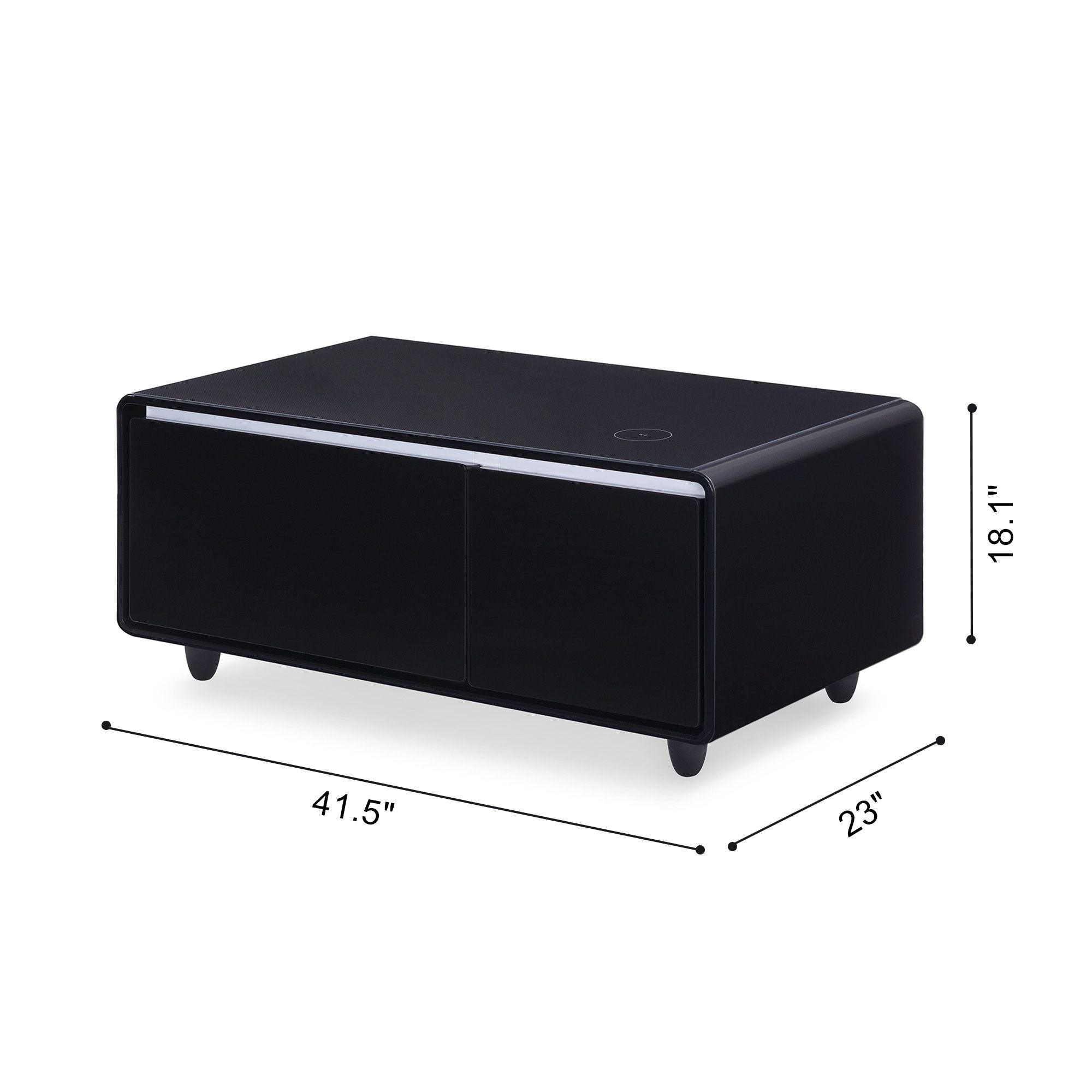Modern Smart mini Coffee Table with Built in Fridge;  Outlet protection; Wireless charging module; Mechanical temperature control; Power socket; USB interface And power interface.