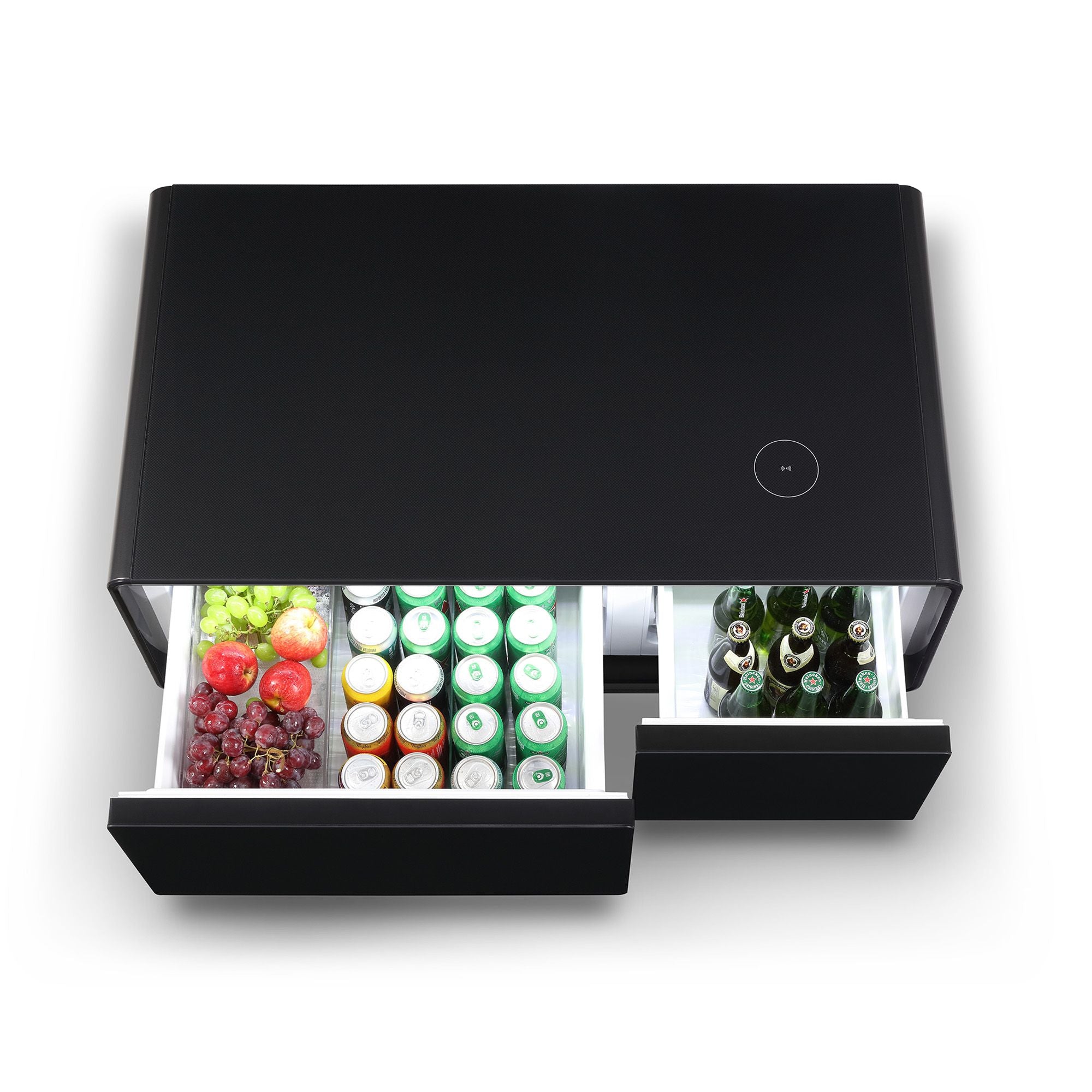 Modern Smart mini Coffee Table with Built in Fridge;  Outlet protection; Wireless charging module; Mechanical temperature control; Power socket; USB interface And power interface.