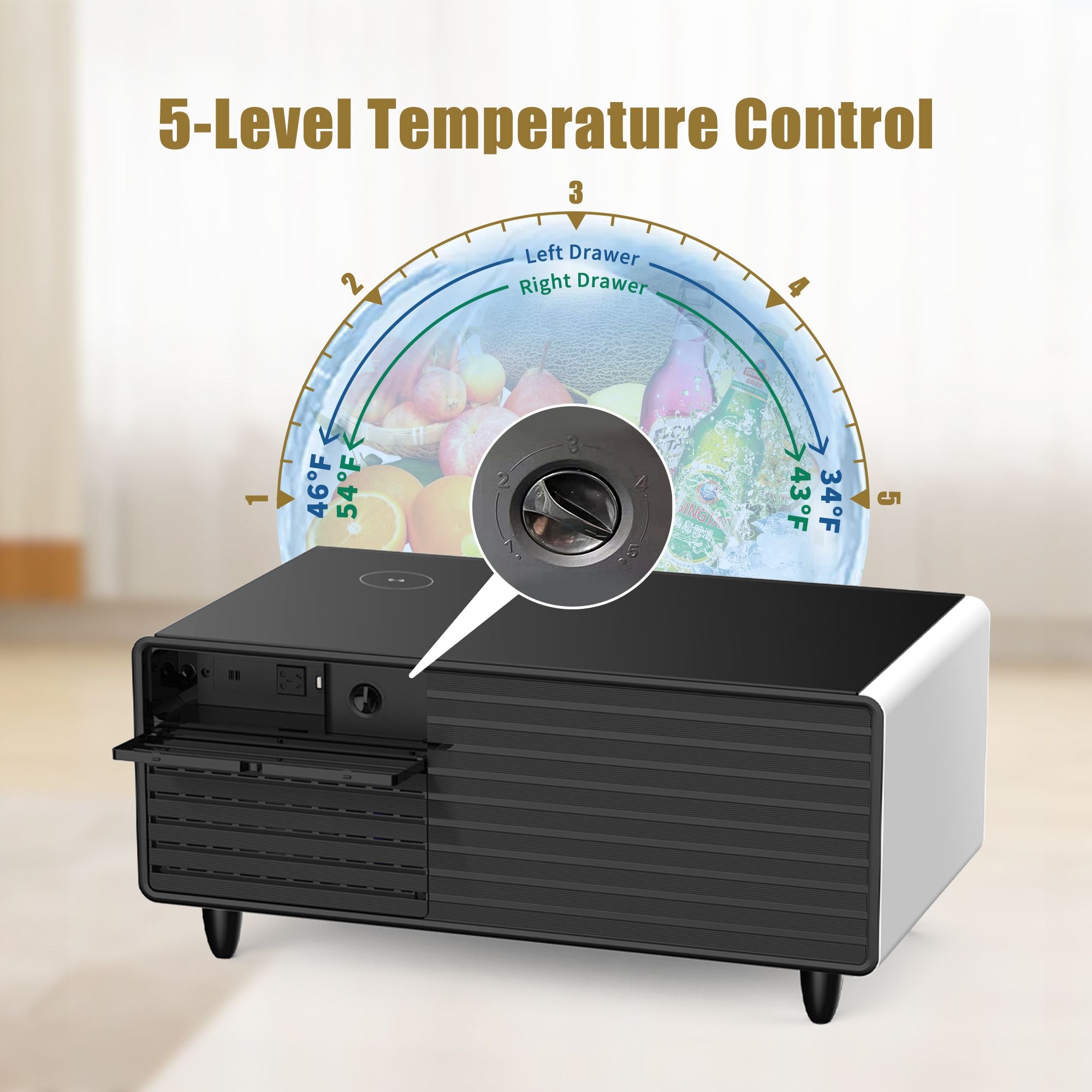 Modern Smart mini Coffee Table with Built in Fridge;  Outlet protection; Wireless charging module; Mechanical temperature control; Power socket; USB interface And power interface.