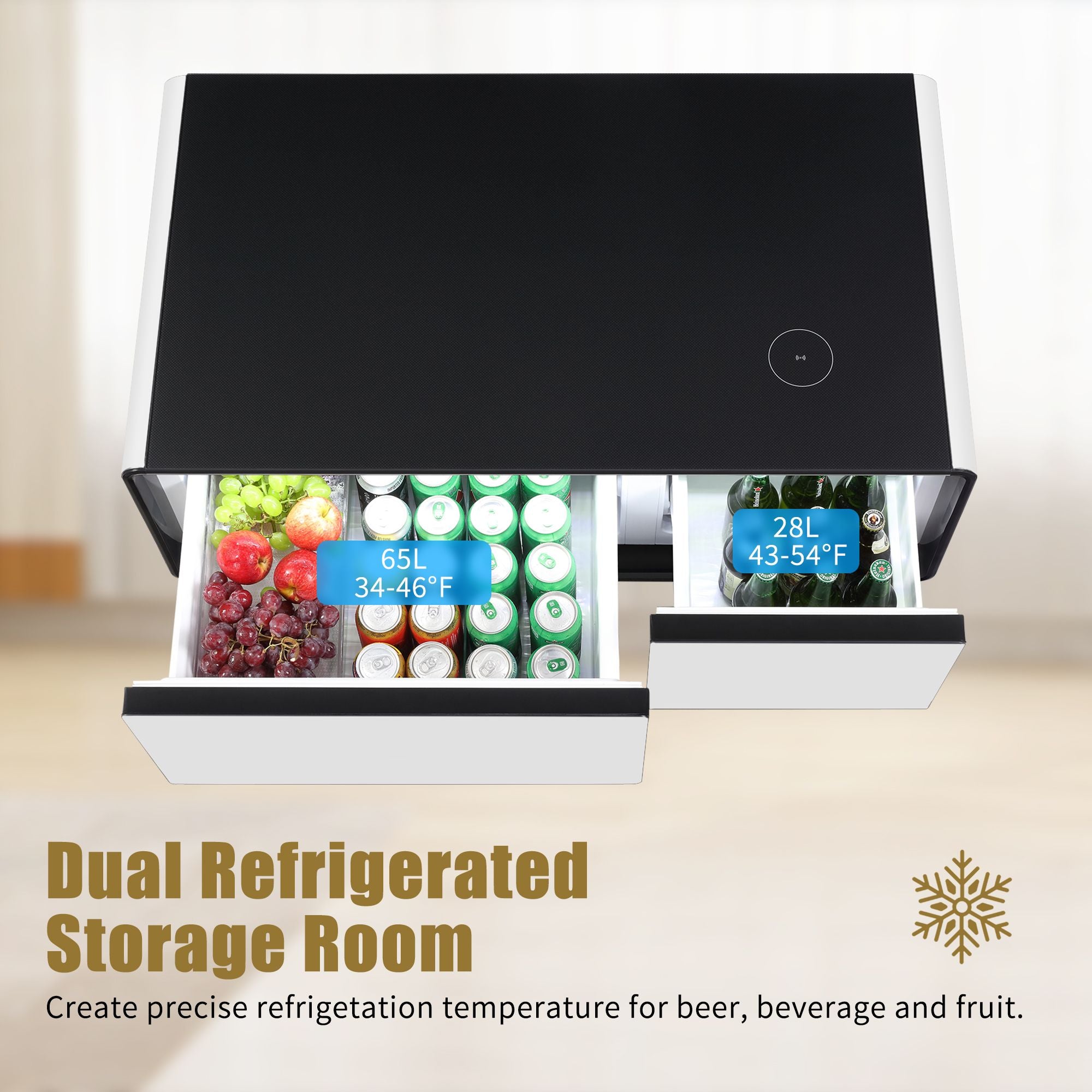 Modern Smart mini Coffee Table with Built in Fridge;  Outlet protection; Wireless charging module; Mechanical temperature control; Power socket; USB interface And power interface.