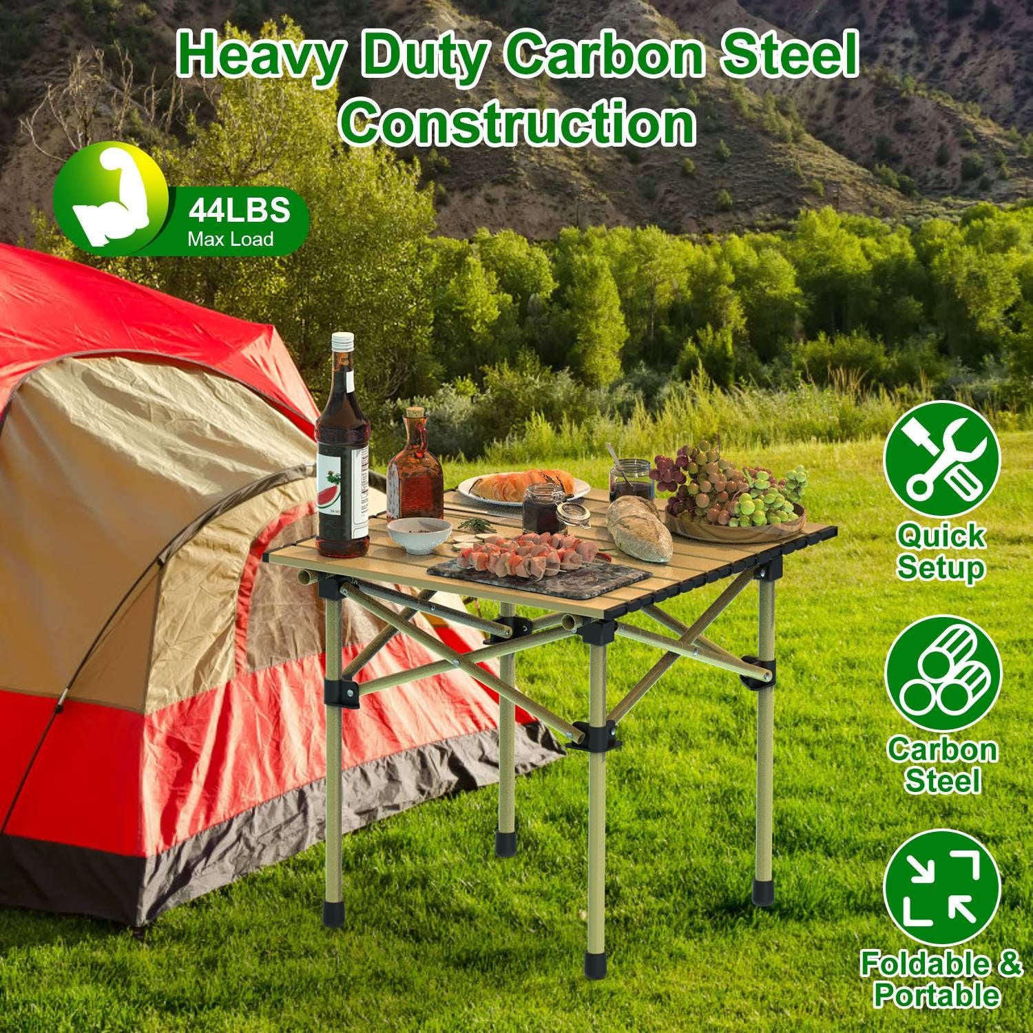 Folding Camping Table Portable Lightweight Carbon Steel Roll-up Picnic BBQ Desk with Carry Bag Heavy Duty for Outdoor Beach Backyard Party Patio Camping Hiking BBQ Picnic Fishing