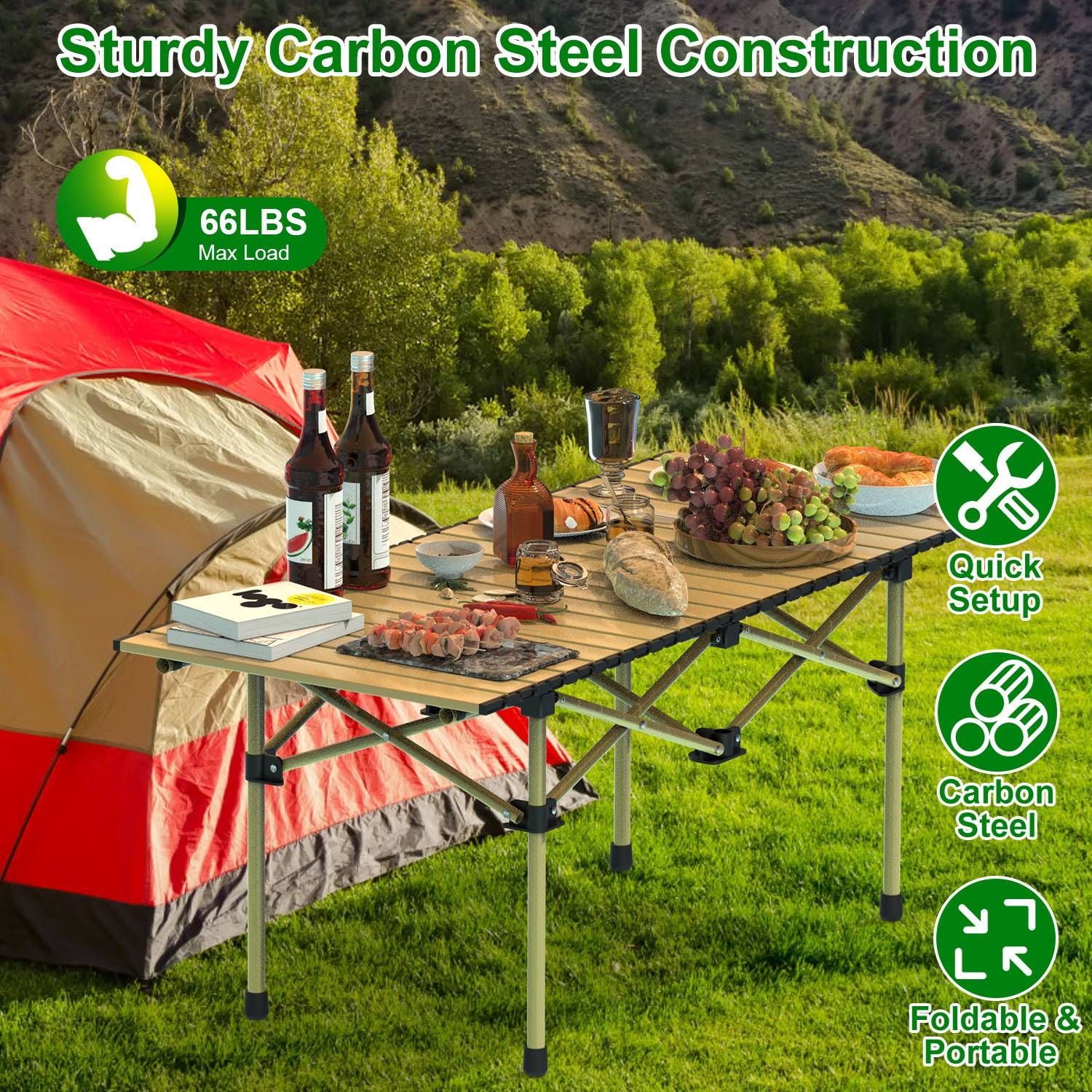 Folding Camping Table Portable Lightweight Carbon Steel Roll-up Picnic BBQ Desk with Carry Bag Heavy Duty for Outdoor Beach Backyard Party Patio Camping Hiking BBQ Picnic Fishing