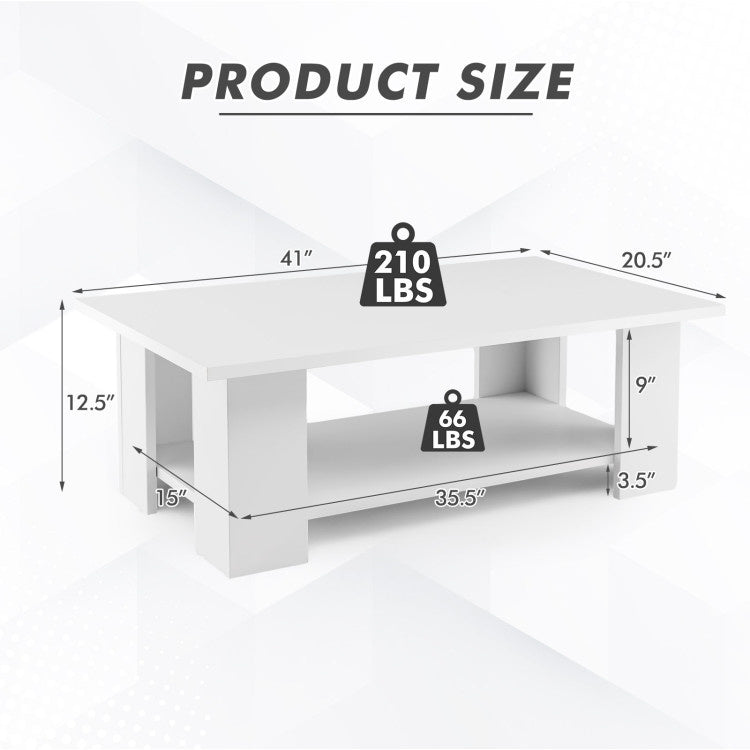 Large 41 Inch 2-tier Wooden Modern Coffee Table with Storage Shelf living room table