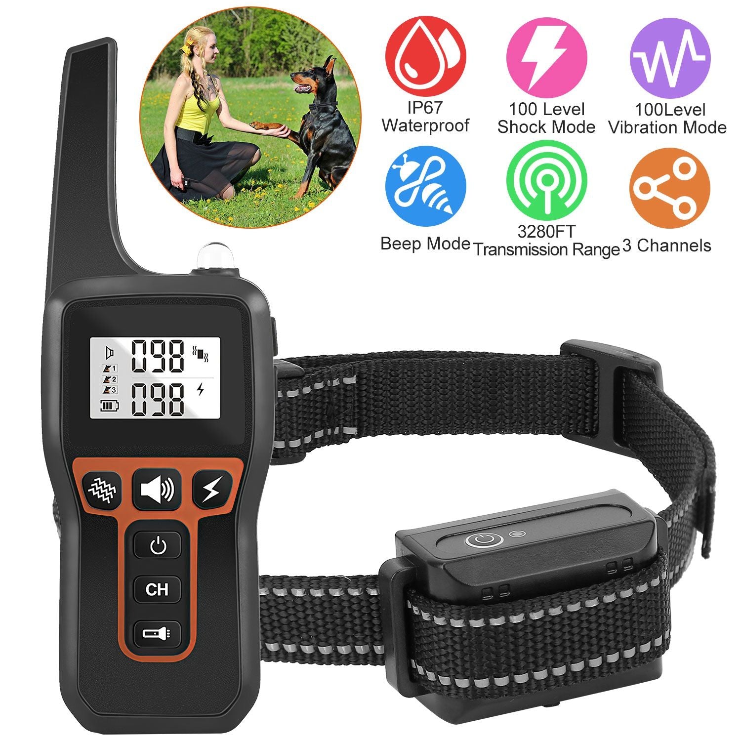 3280FT Dog Training Collar IP67 Waterproof Pet Beep Vibration Electric Shock Collar 3 Channels Rechargeable Transmitter Receiver Trainer with Flashlight