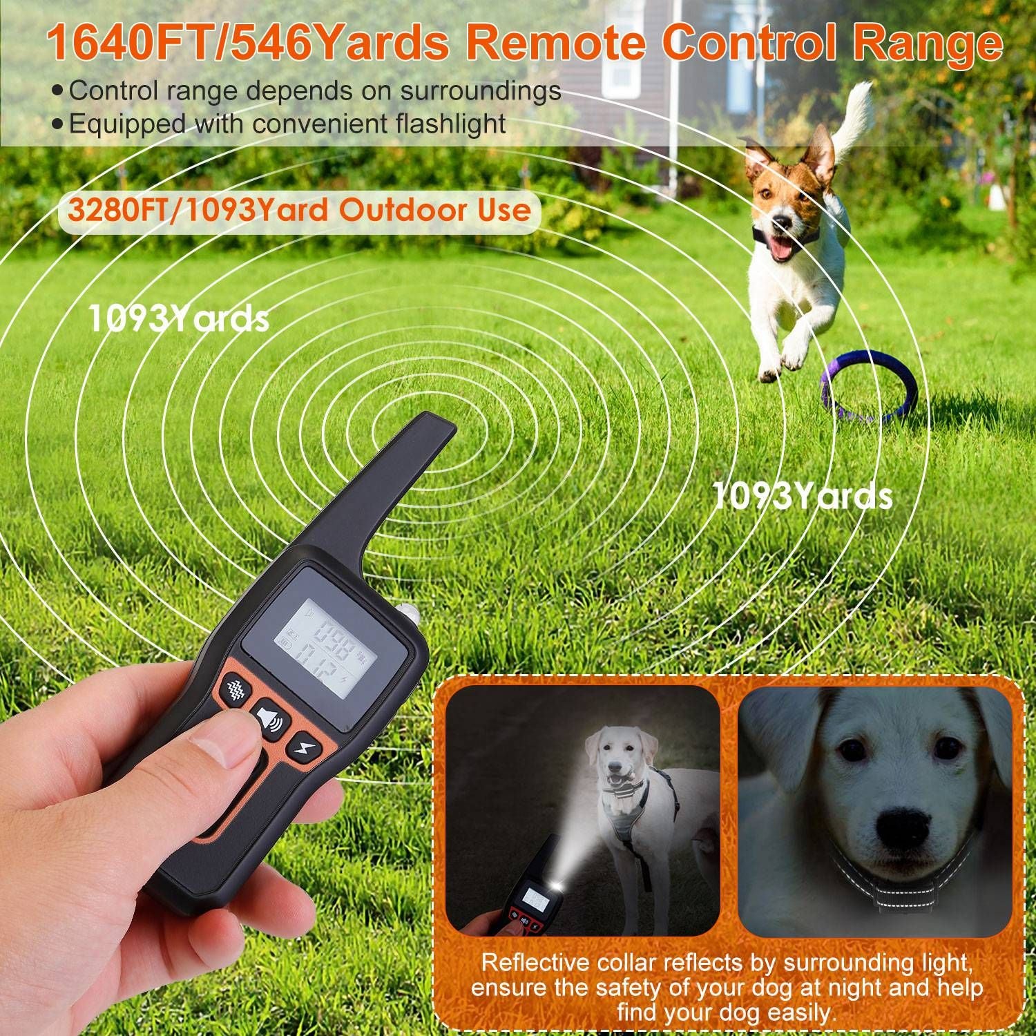 3280FT Dog Training Collar IP67 Waterproof Pet Beep Vibration Electric Shock Collar 3 Channels Rechargeable Transmitter Receiver Trainer with Flashlight