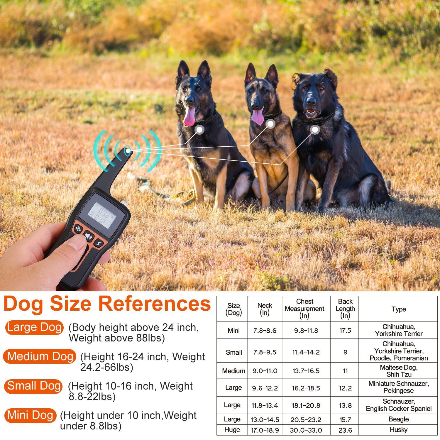 3280FT Dog Training Collar IP67 Waterproof Pet Beep Vibration Electric Shock Collar 3 Channels Rechargeable Transmitter Receiver Trainer with Flashlight