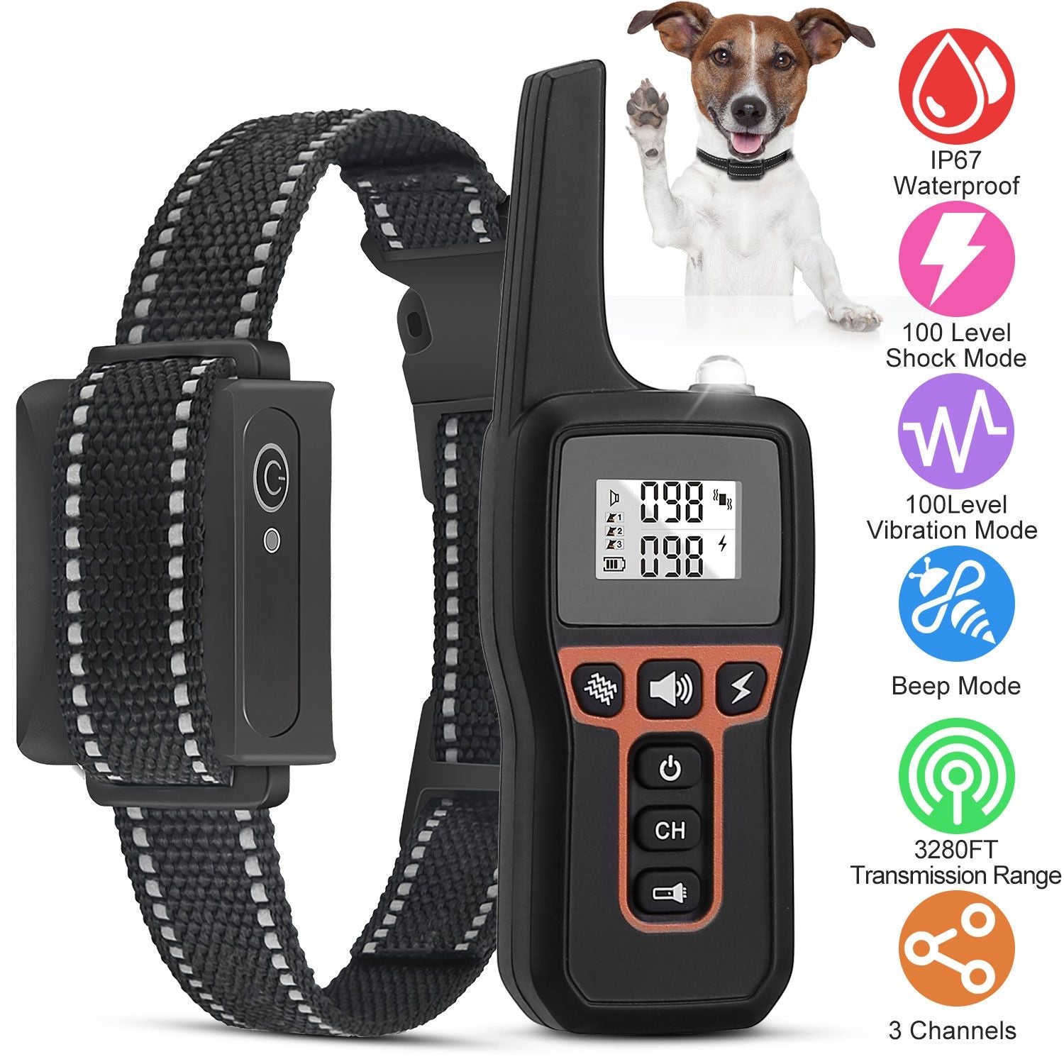 3280FT Dog Training Collar IP67 Waterproof Pet Beep Vibration Electric Shock Collar 3 Channels Rechargeable Transmitter Receiver Trainer with Flashlight