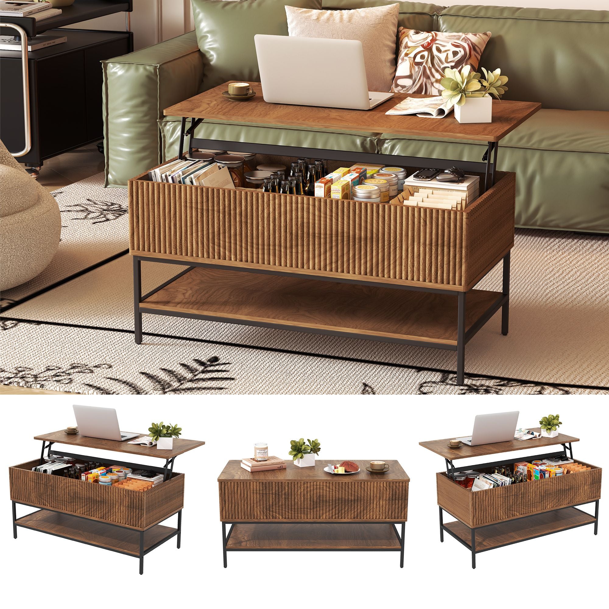 Lift Top Coffee Table 39.4 Inch Rectangle, Farmhouse Style with Hidden Storage & Lower Shelf, Sturdy Steel Legs, Easy Assembly for Living Room, Rustic Brown