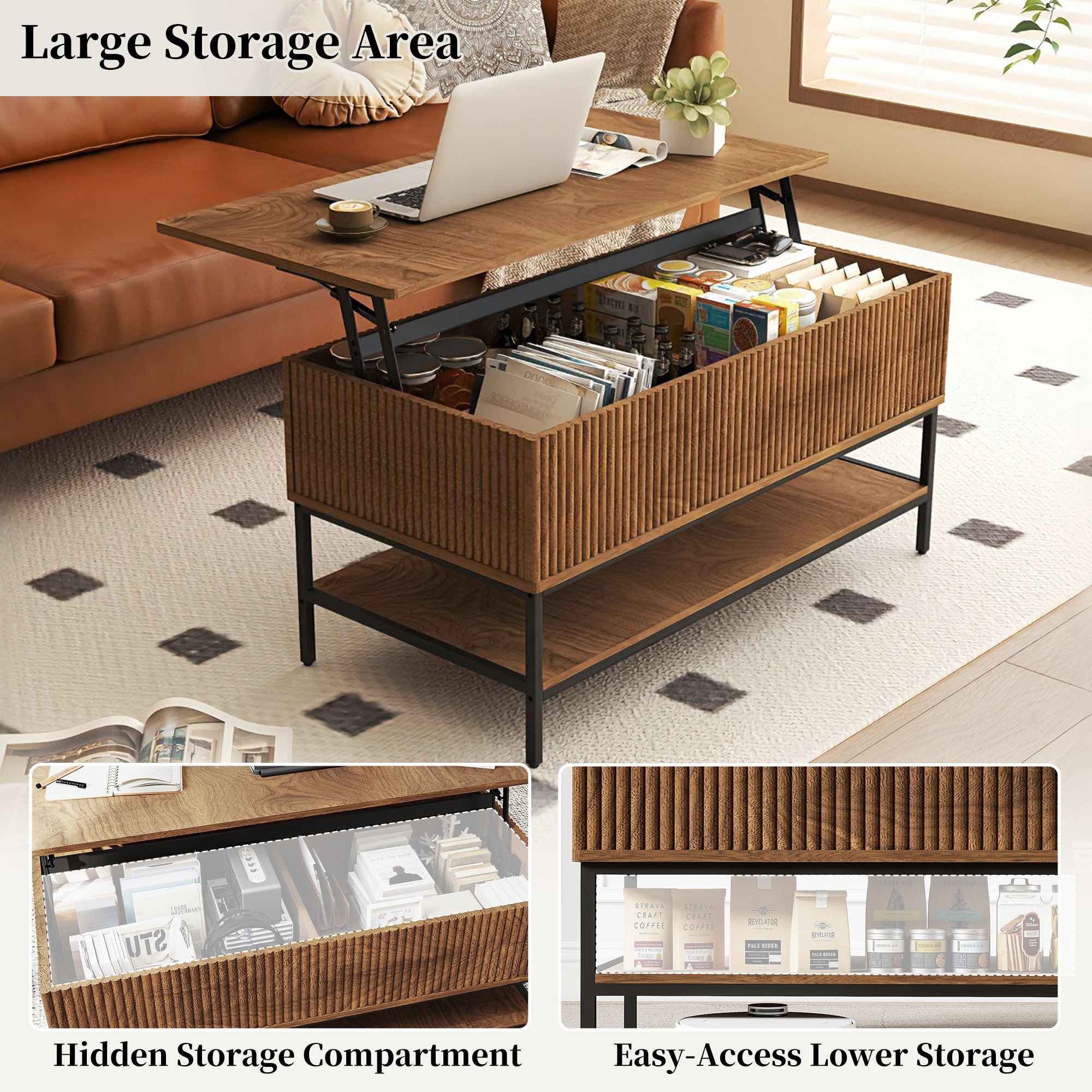 Lift Top Coffee Table 39.4 Inch Rectangle, Farmhouse Style with Hidden Storage & Lower Shelf, Sturdy Steel Legs, Easy Assembly for Living Room, Rustic Brown