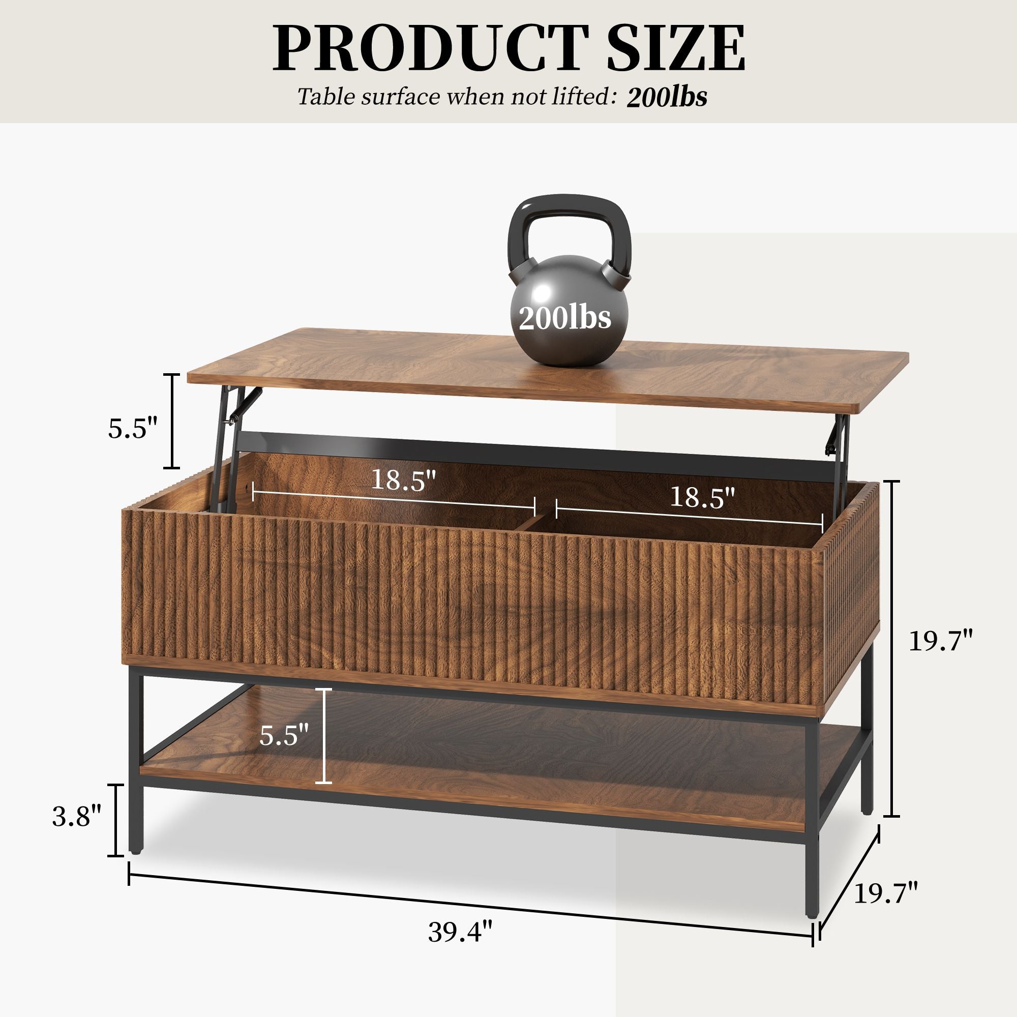 Lift Top Coffee Table 39.4 Inch Rectangle, Farmhouse Style with Hidden Storage & Lower Shelf, Sturdy Steel Legs, Easy Assembly for Living Room, Rustic Brown