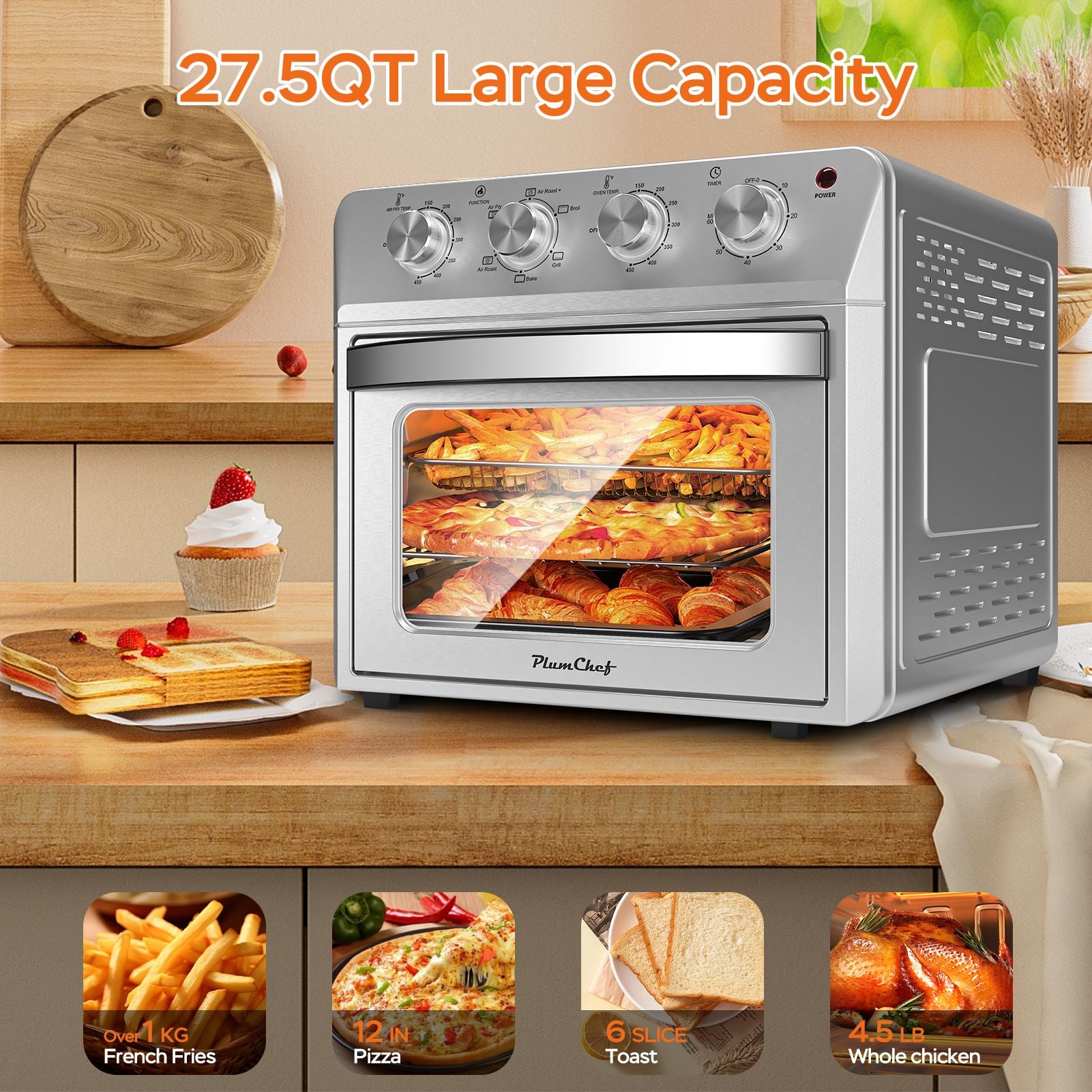 27.5QT 6-in-1 Air Fryer Toaster Oven Dropdown-Door 6-Slice Countertop Convection Oven for Air Frying, Baking, Roasting, Broiling & Grilling, 1600W, Sliver