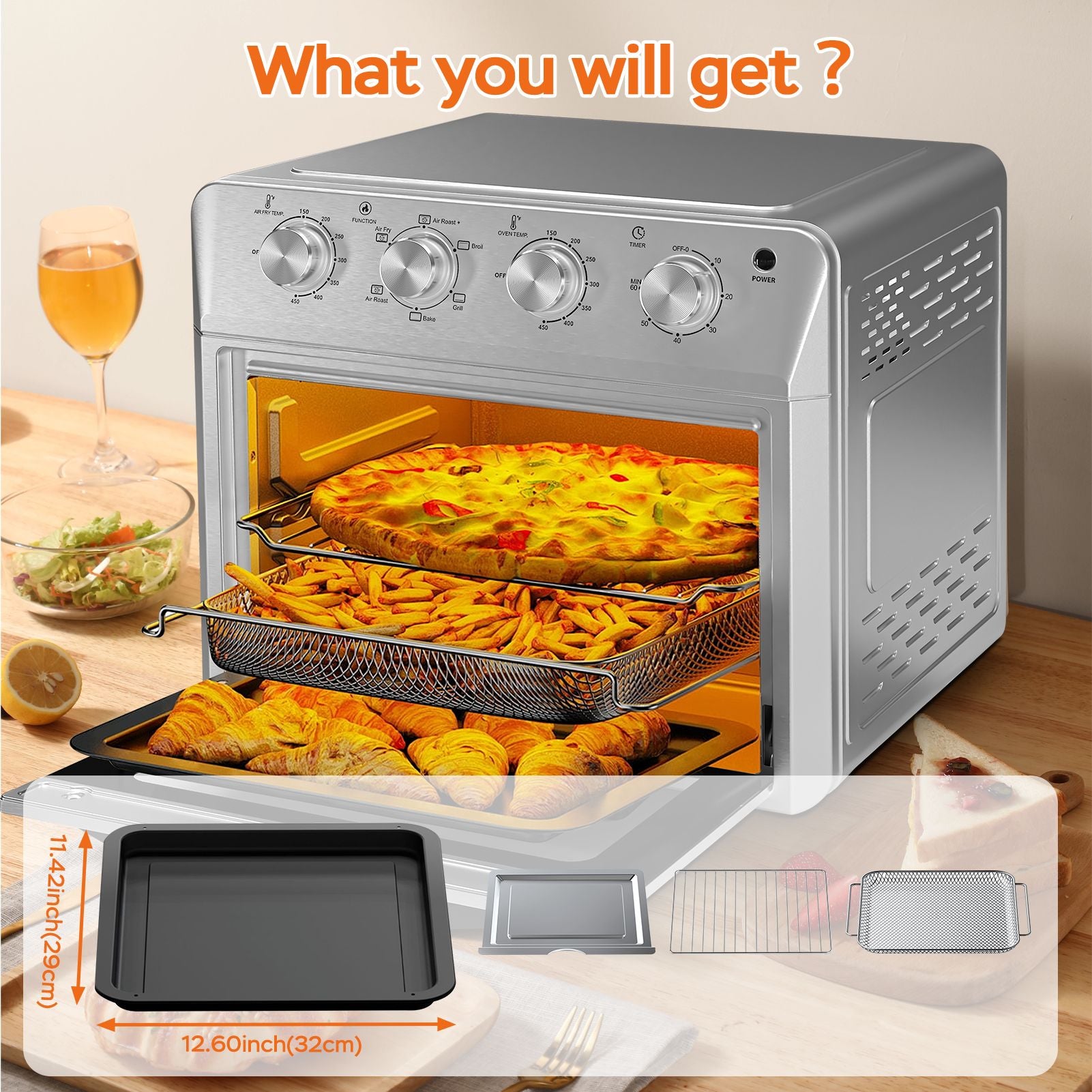 27.5QT 6-in-1 Air Fryer Toaster Oven Dropdown-Door 6-Slice Countertop Convection Oven for Air Frying, Baking, Roasting, Broiling & Grilling, 1600W, Sliver