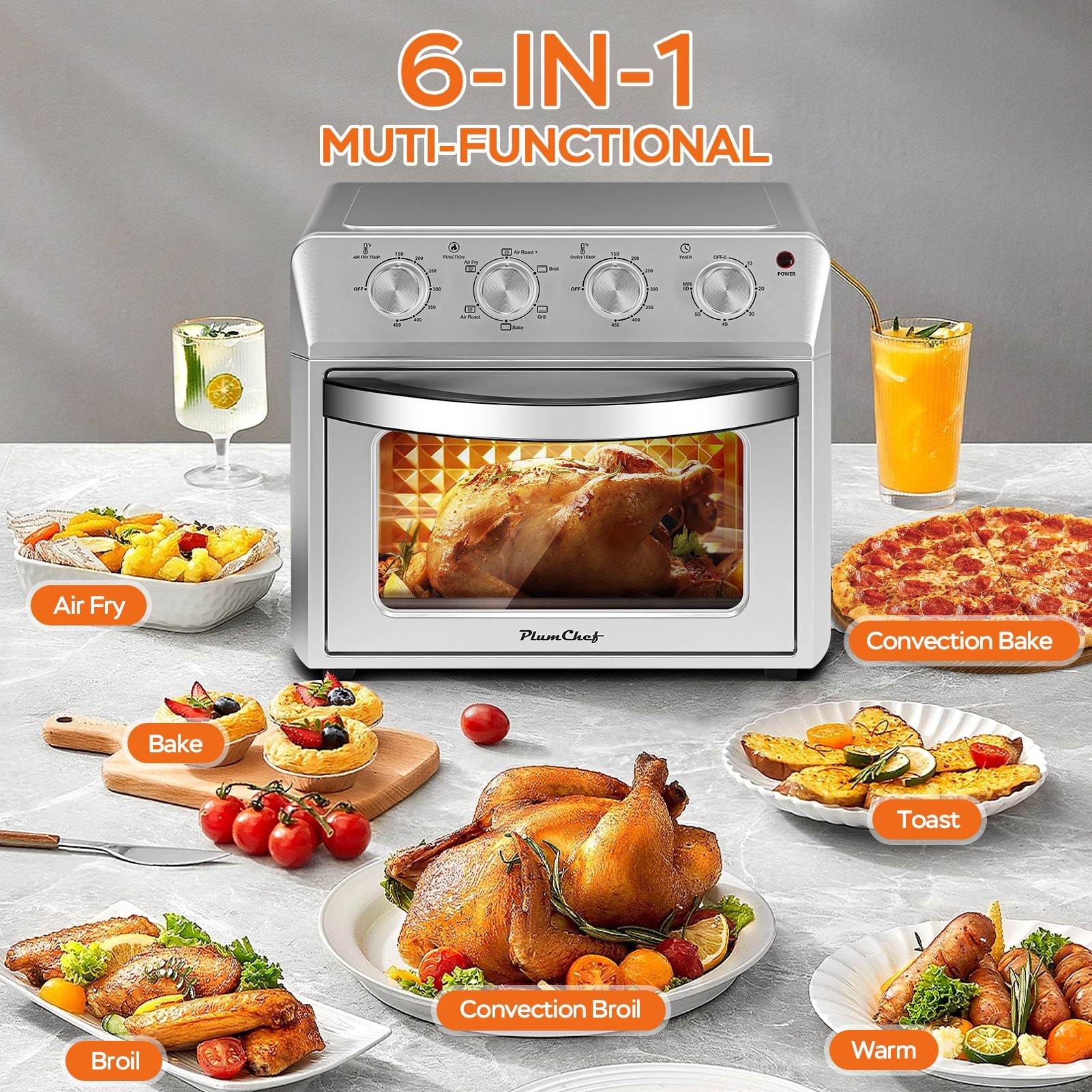 27.5QT 6-in-1 Air Fryer Toaster Oven Dropdown-Door 6-Slice Countertop Convection Oven for Air Frying, Baking, Roasting, Broiling & Grilling, 1600W, Sliver