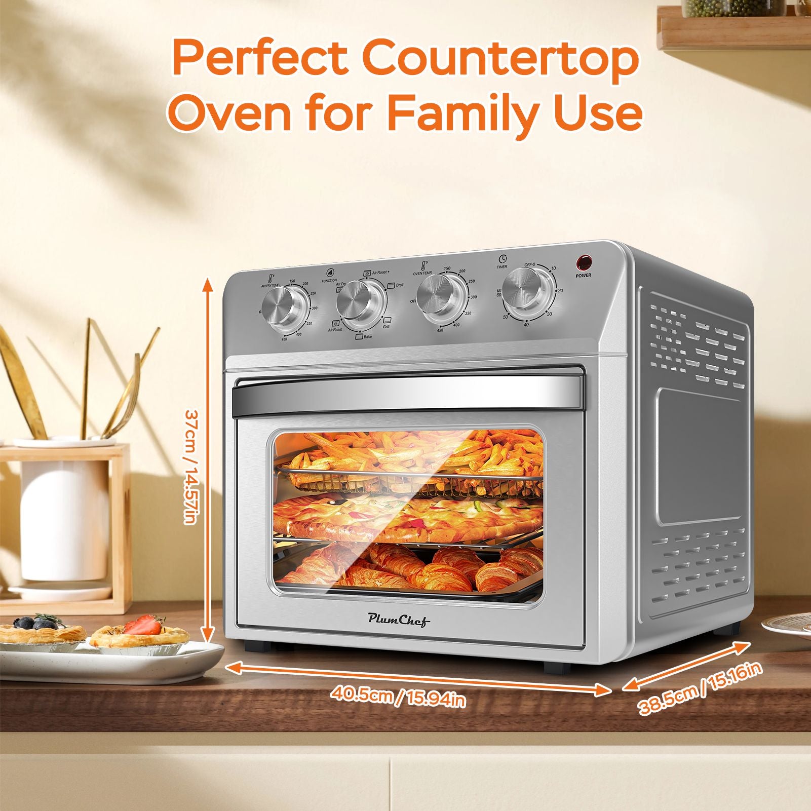 27.5QT 6-in-1 Air Fryer Toaster Oven Dropdown-Door 6-Slice Countertop Convection Oven for Air Frying, Baking, Roasting, Broiling & Grilling, 1600W, Sliver