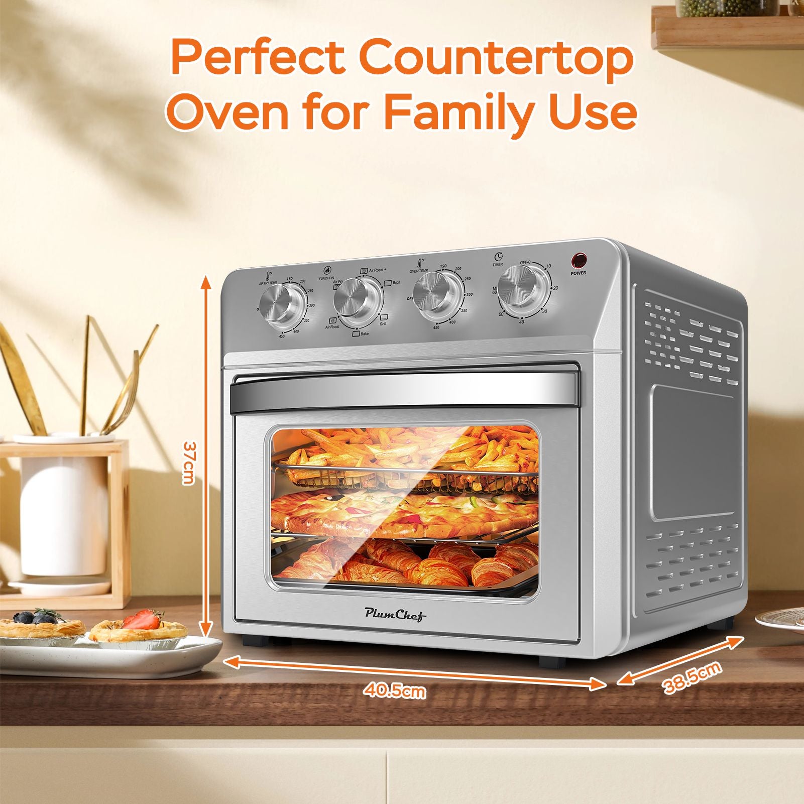 27.5QT 6-in-1 Air Fryer Toaster Oven Dropdown-Door 6-Slice Countertop Convection Oven for Air Frying, Baking, Roasting, Broiling & Grilling, 1600W, Sliver