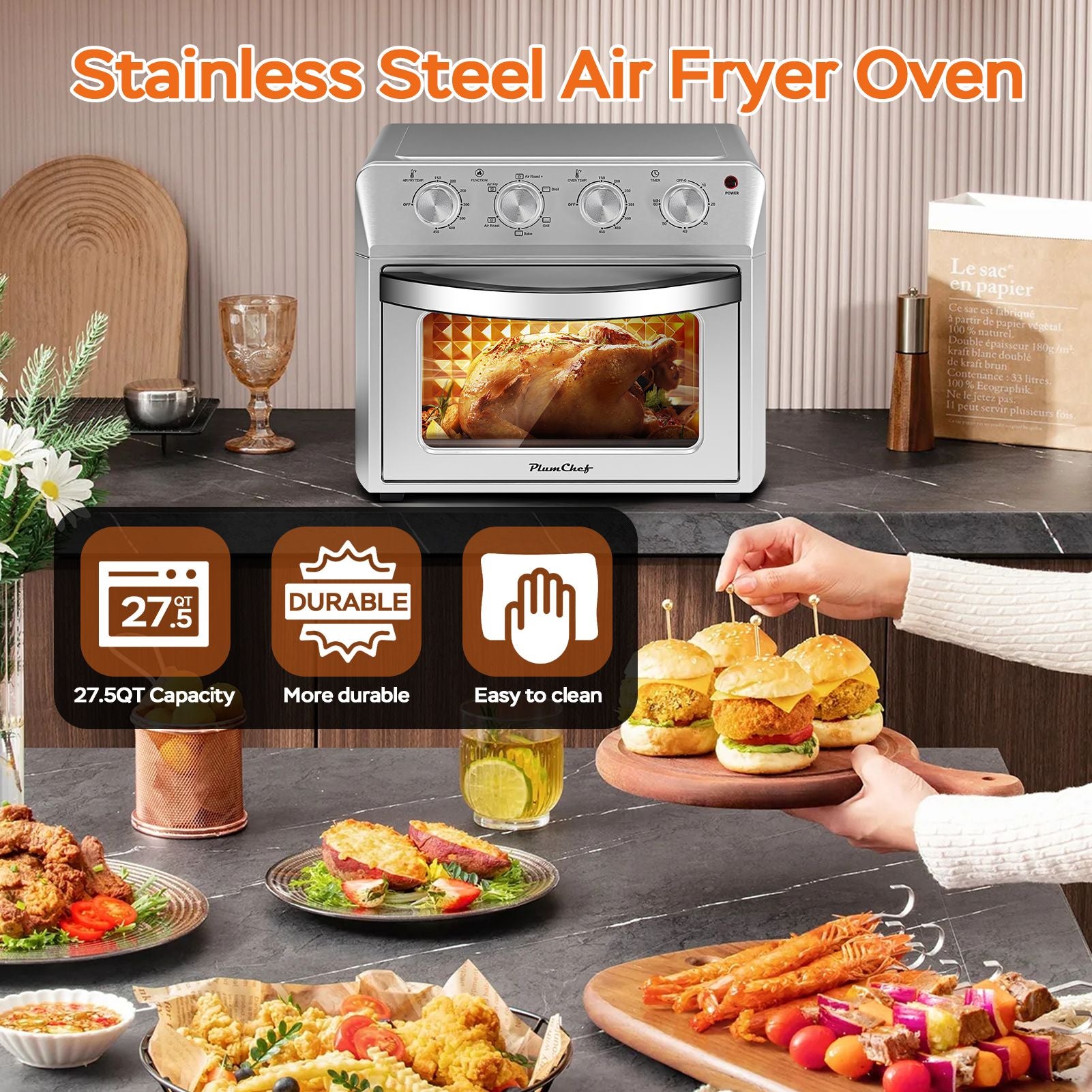 27.5QT 6-in-1 Air Fryer Toaster Oven Dropdown-Door 6-Slice Countertop Convection Oven for Air Frying, Baking, Roasting, Broiling & Grilling, 1600W, Sliver