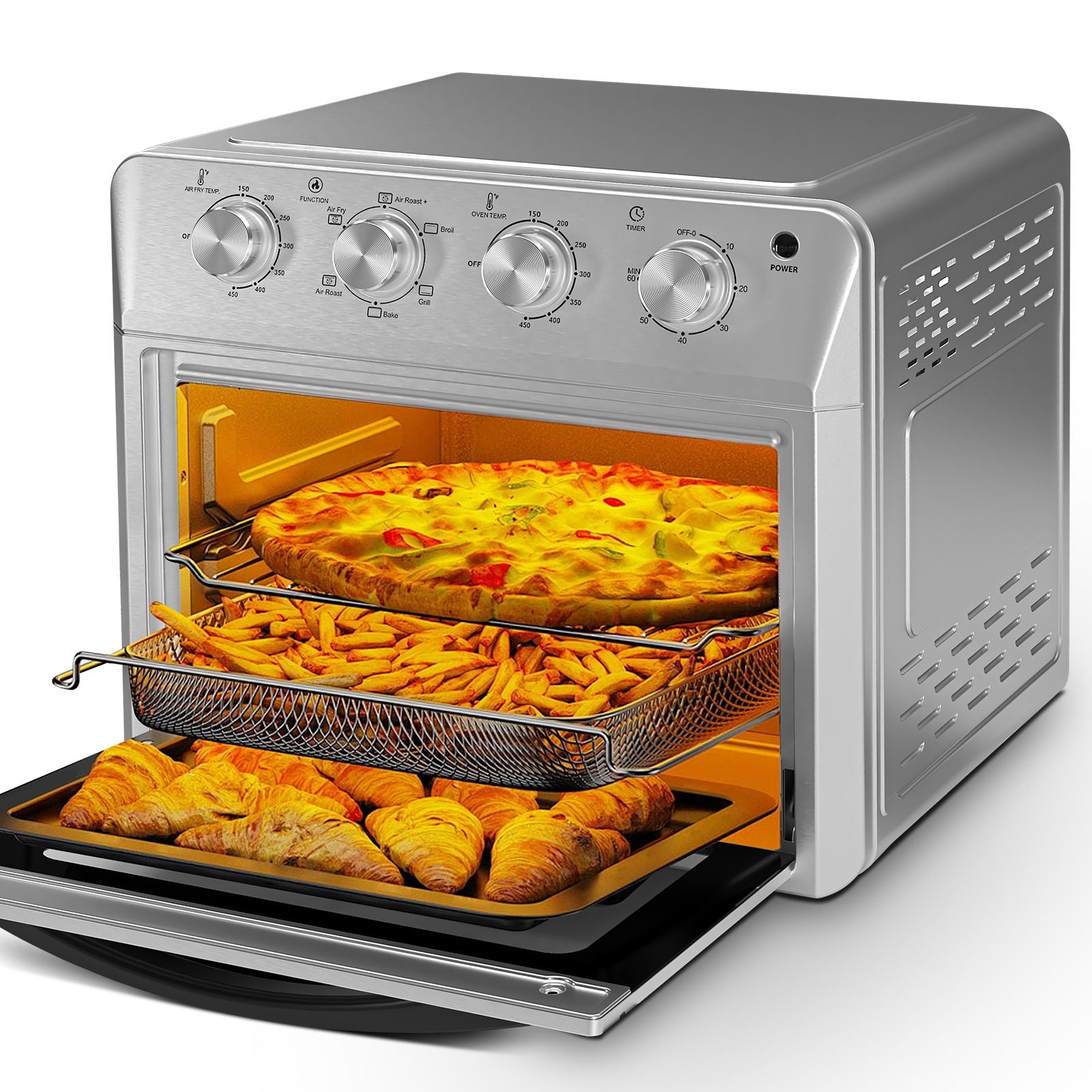 27.5QT 6-in-1 Air Fryer Toaster Oven Dropdown-Door 6-Slice Countertop Convection Oven for Air Frying, Baking, Roasting, Broiling & Grilling, 1600W, Sliver