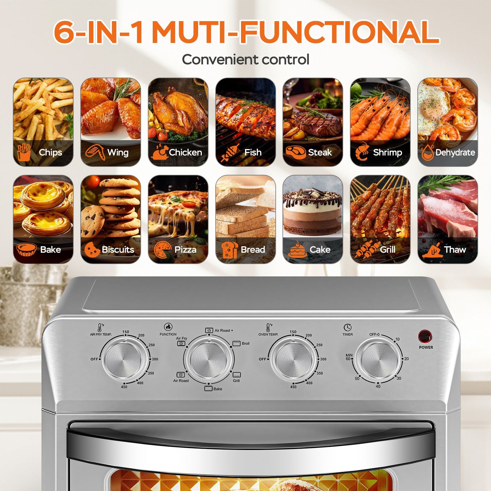 27.5QT 6-in-1 Air Fryer Toaster Oven Dropdown-Door 6-Slice Countertop Convection Oven for Air Frying, Baking, Roasting, Broiling & Grilling, 1600W, Sliver