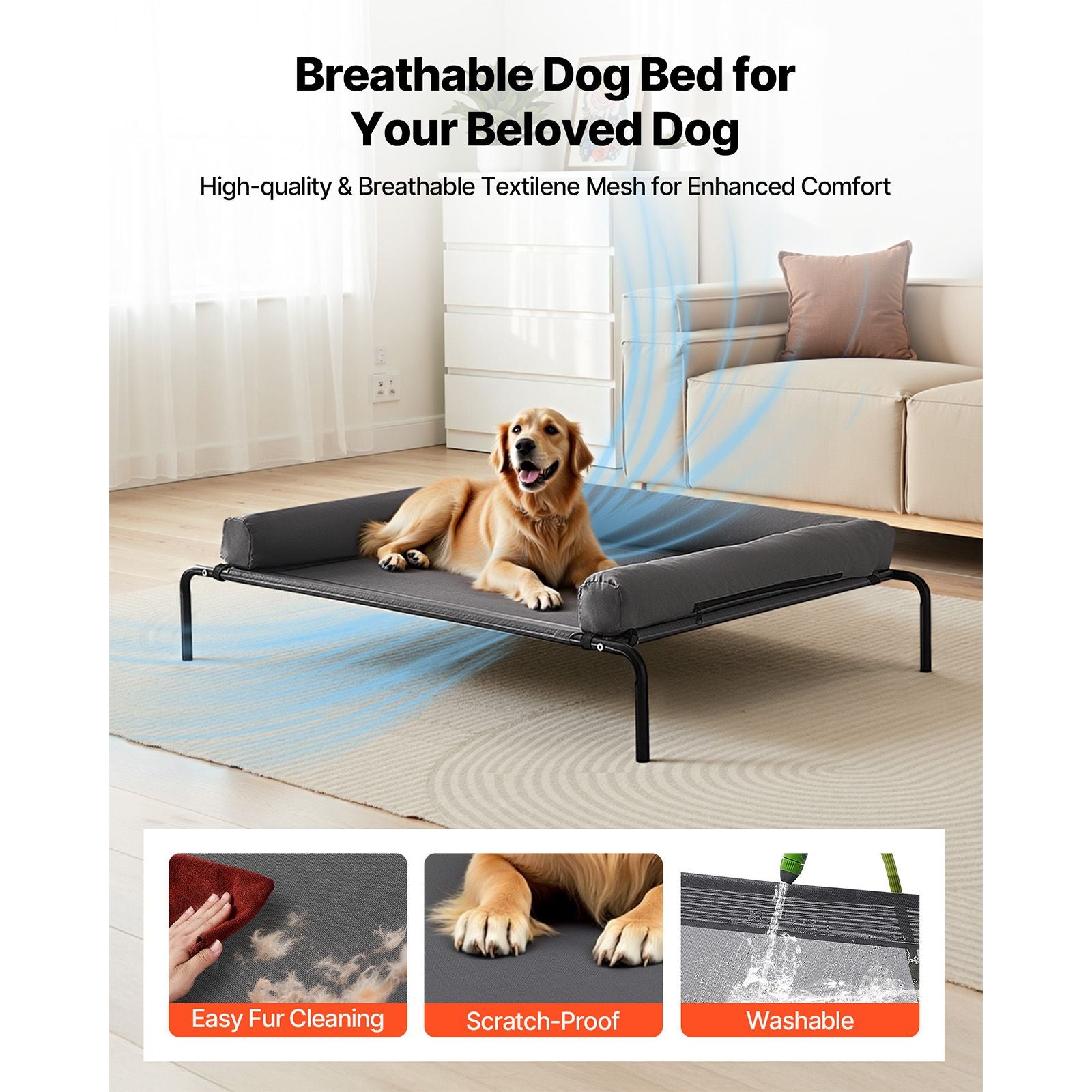 Elevated Dog Bed for Large Dogs, Portable Raised Dog Cot with Washable Pillow, Indoor & Outdoor Pet Cooling Raised Hammock Bed with Steel Metal Frame and Breathable Teslin Mesh, XL, Gray