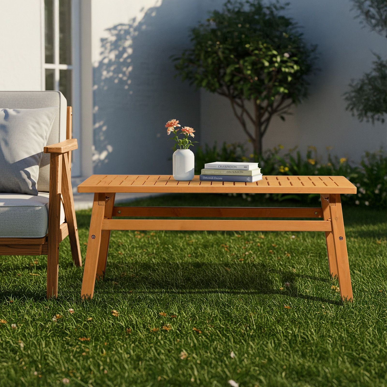 Outdoor Wood Coffee Table, 42" Farmhouse Side Table for Patio, Solid Cedar Wood Accent Table with Slatted Tabletop for Garden Poolside Lawn Living Room, Teak Wood Finish