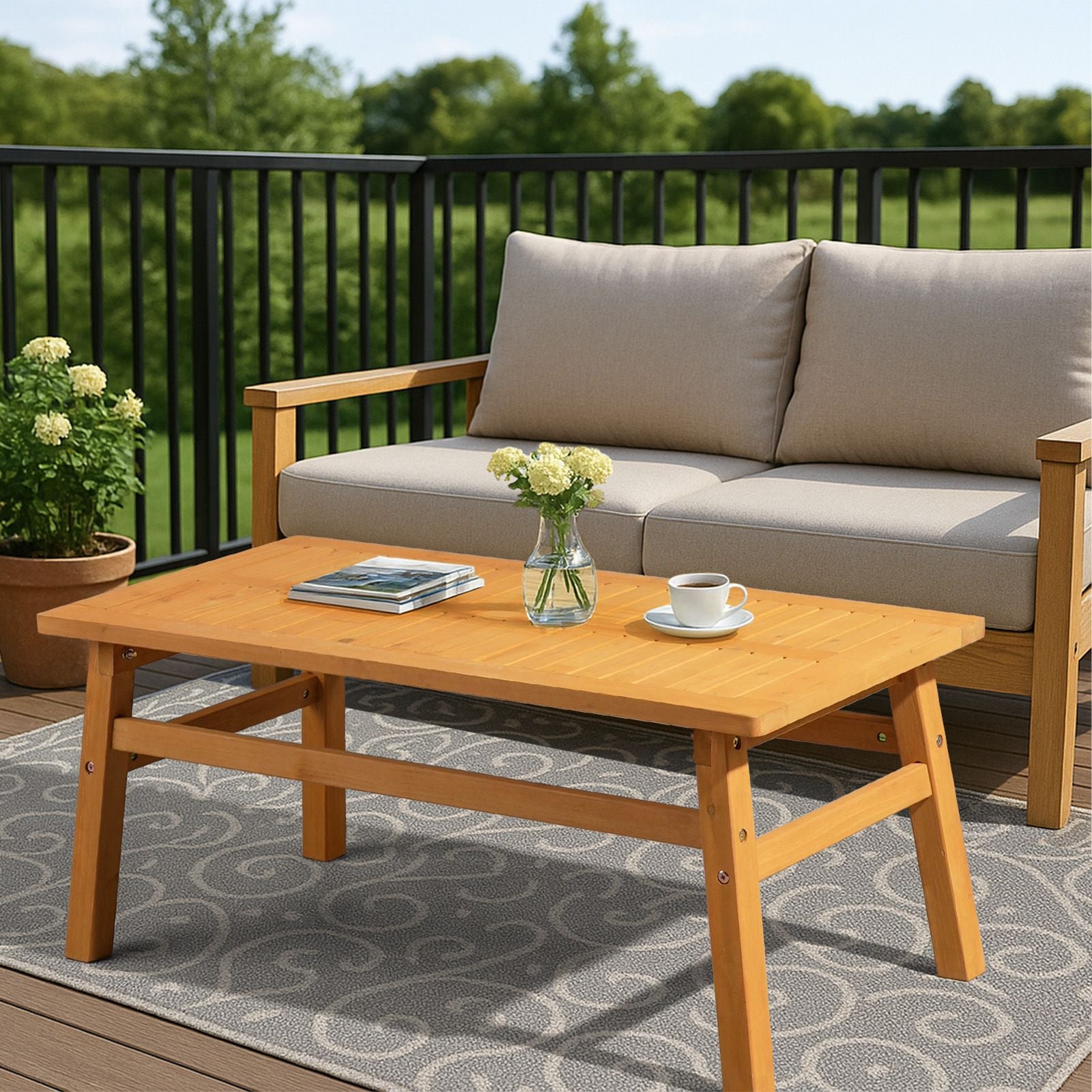 Outdoor Wood Coffee Table, 42" Farmhouse Side Table for Patio, Solid Cedar Wood Accent Table with Slatted Tabletop for Garden Poolside Lawn Living Room, Teak Wood Finish