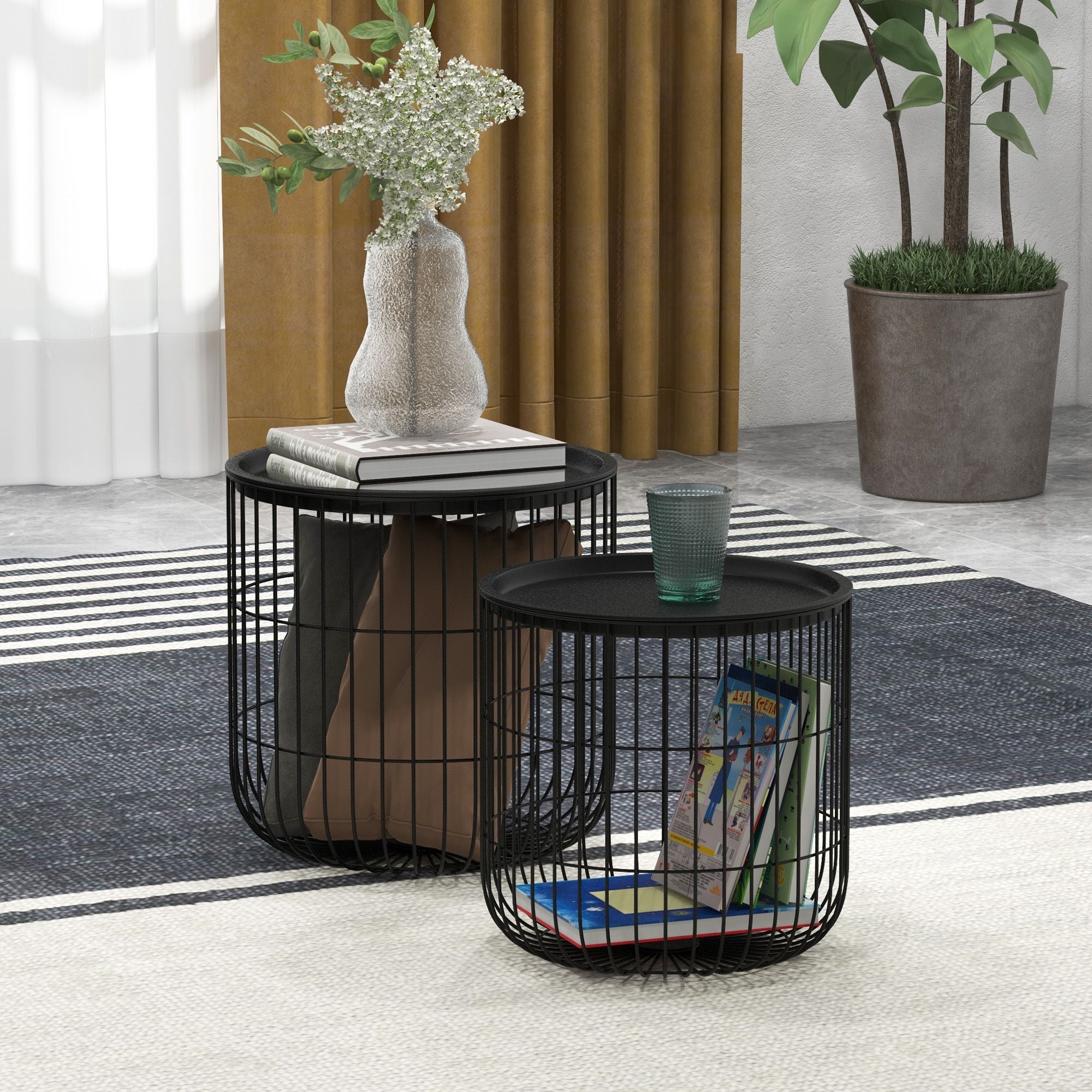 Coffee Table Set, Nest of Coffee Tables with Steel Wired Basket Body and Removable Top for Living Room, Black