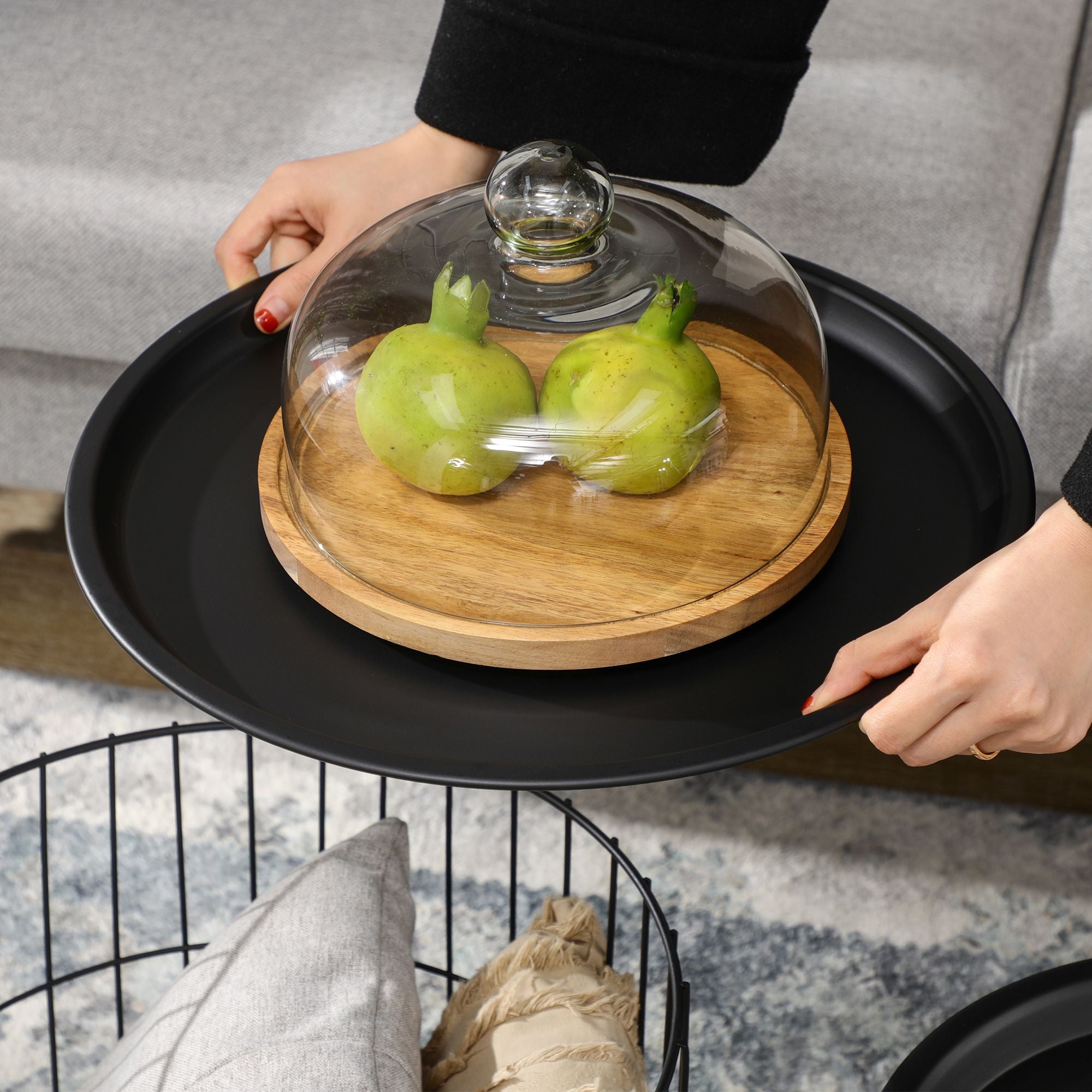 Coffee Table Set, Nest of Coffee Tables with Steel Wired Basket Body and Removable Top for Living Room, Black
