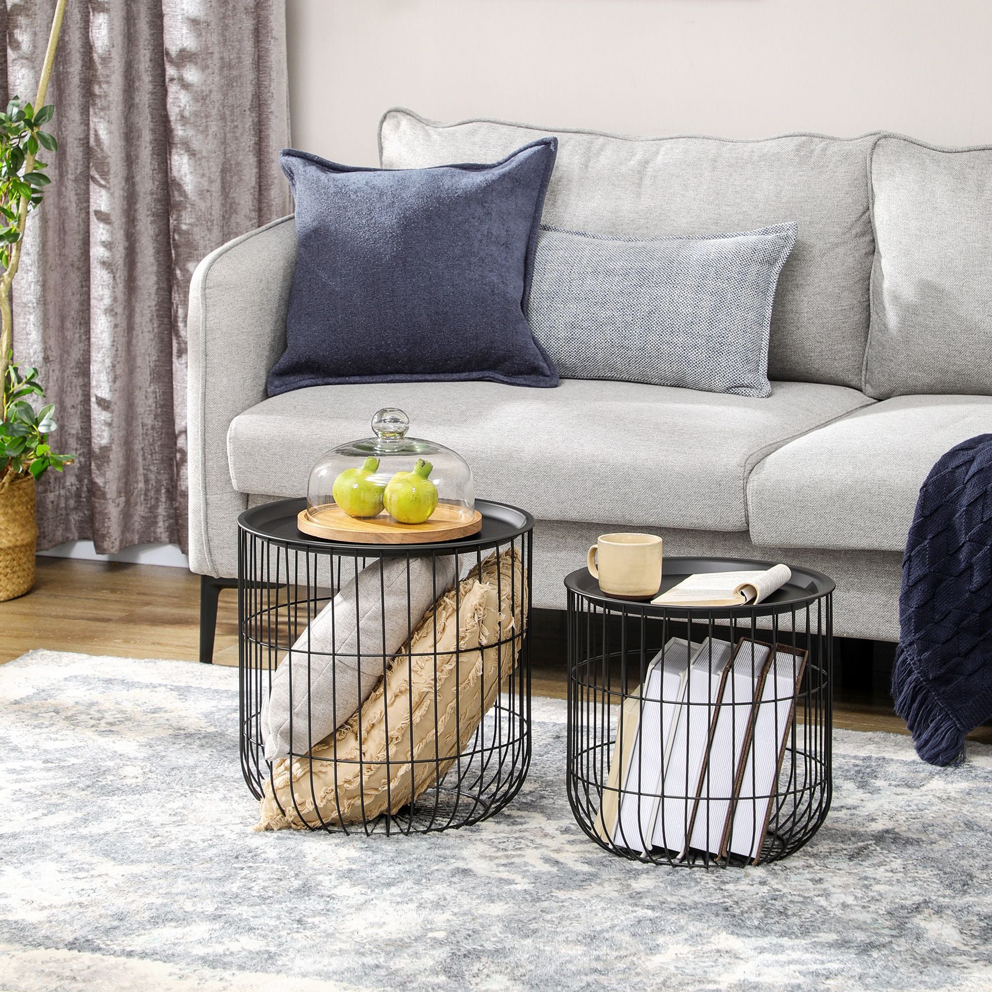 Coffee Table Set, Nest of Coffee Tables with Steel Wired Basket Body and Removable Top for Living Room, Black