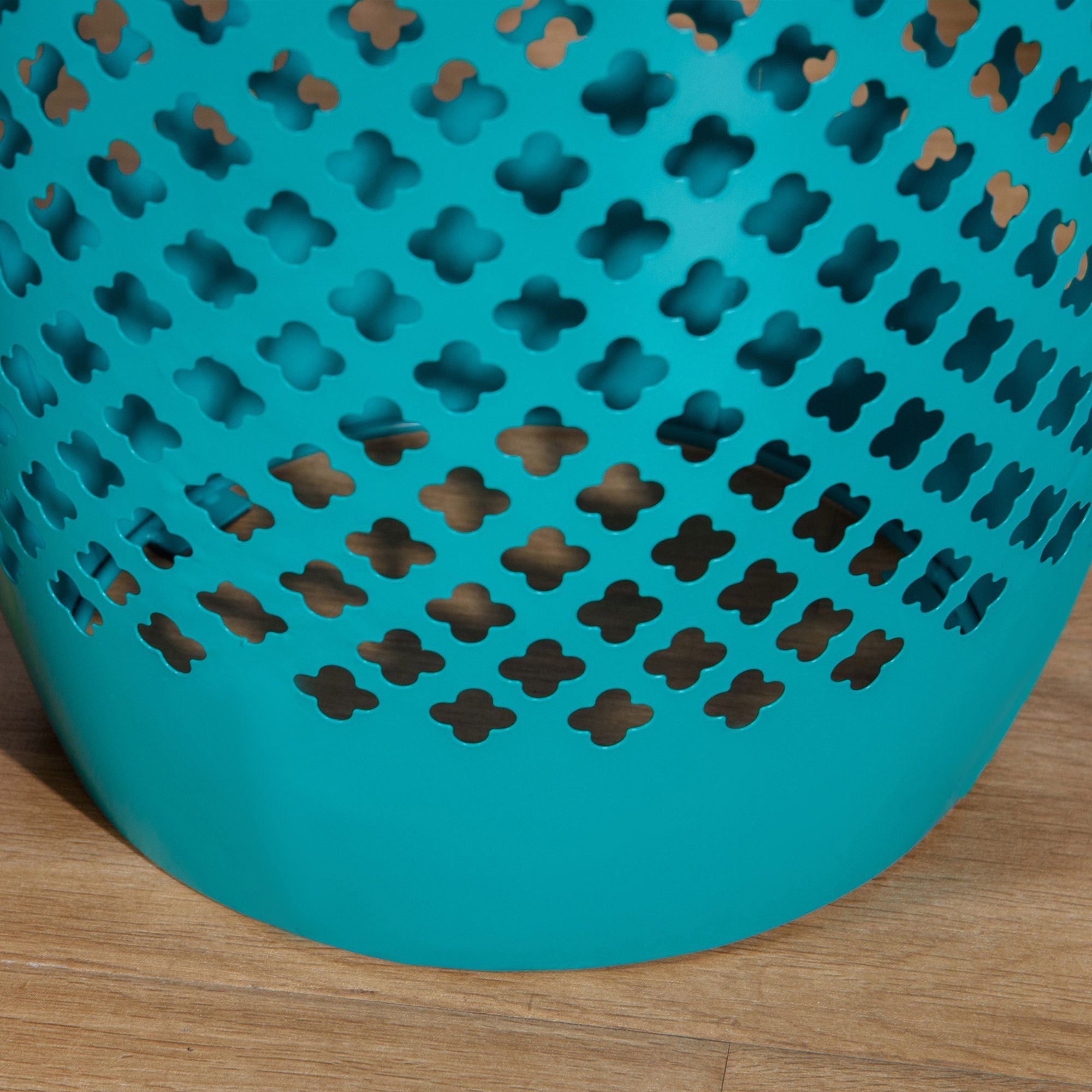 12.5" Steel Outdoor Side Table, Round Hollow Drum Patio End Table, Accent Table for Indoor and Outdoor, Blue