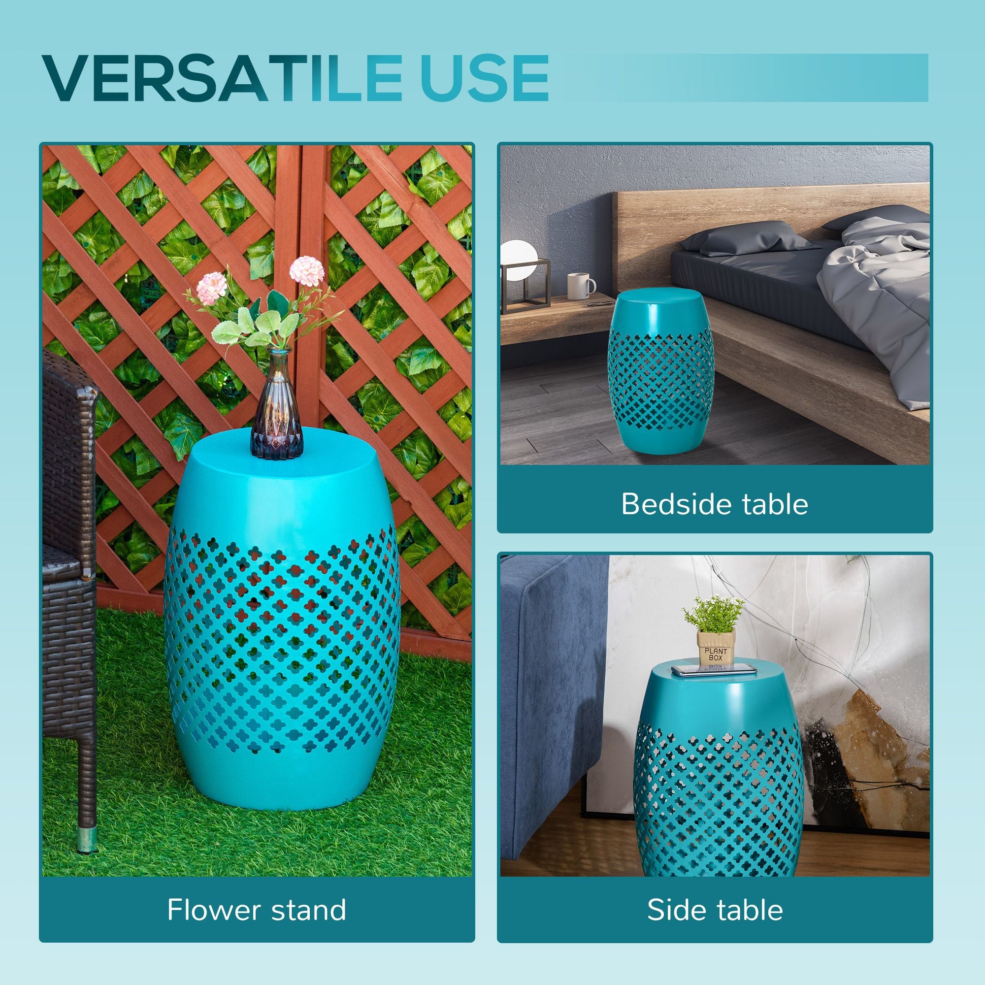 12.5" Steel Outdoor Side Table, Round Hollow Drum Patio End Table, Accent Table for Indoor and Outdoor, Blue
