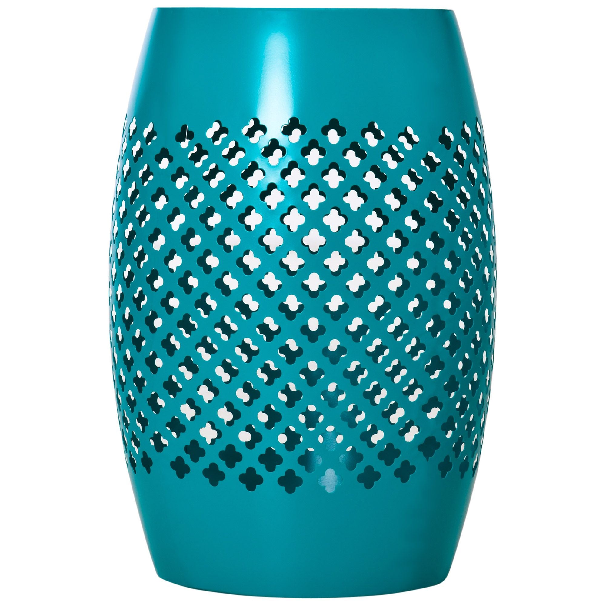 12.5" Steel Outdoor Side Table, Round Hollow Drum Patio End Table, Accent Table for Indoor and Outdoor, Blue