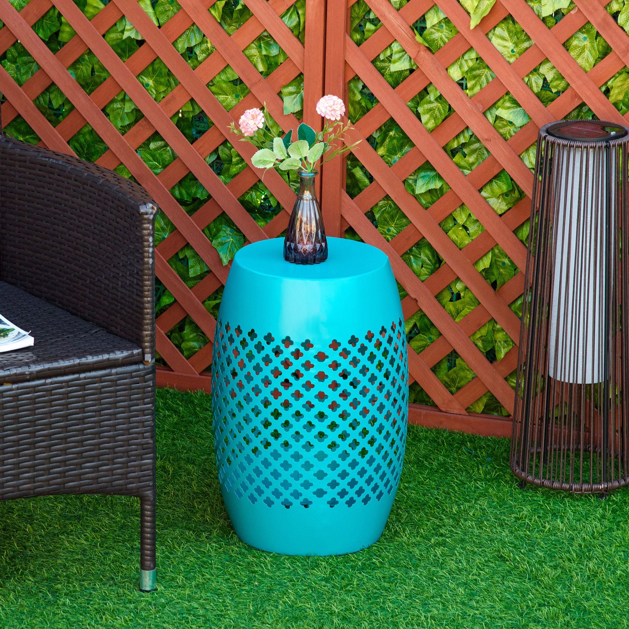 12.5" Steel Outdoor Side Table, Round Hollow Drum Patio End Table, Accent Table for Indoor and Outdoor, Blue