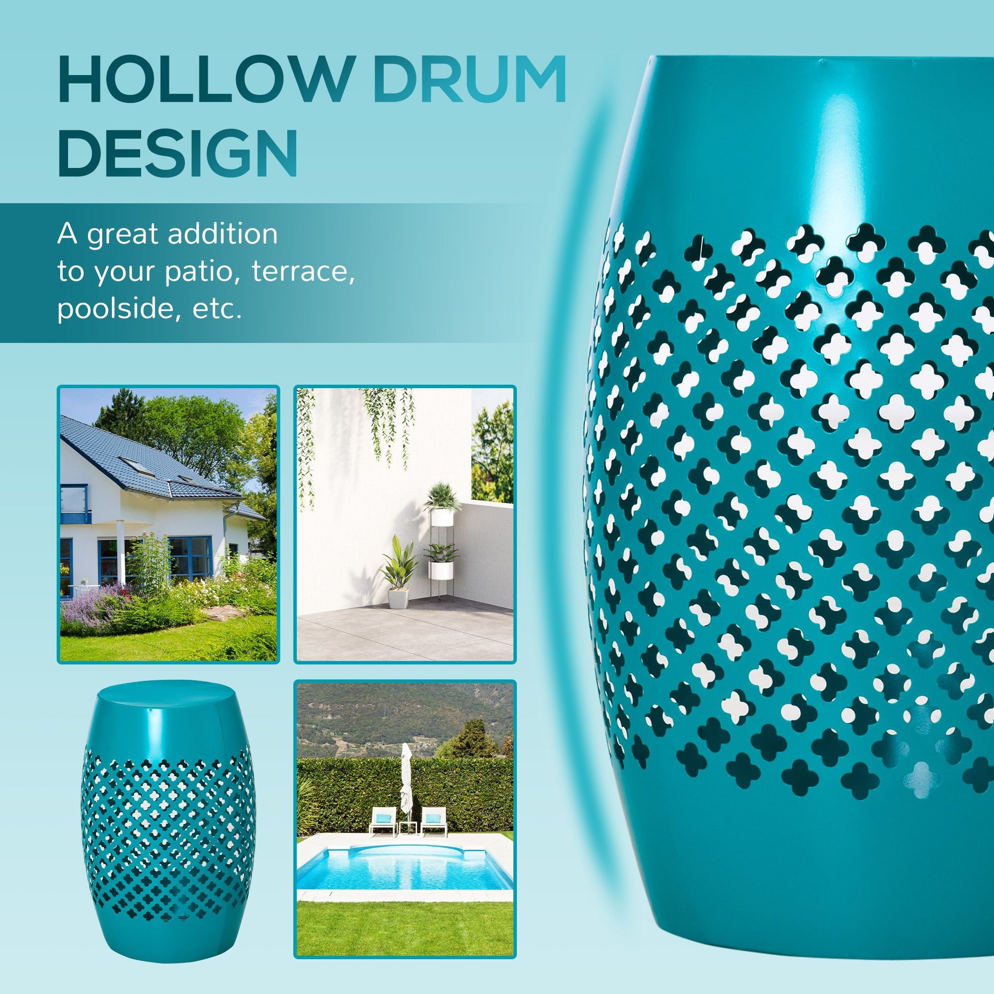 12.5" Steel Outdoor Side Table, Round Hollow Drum Patio End Table, Accent Table for Indoor and Outdoor, Blue