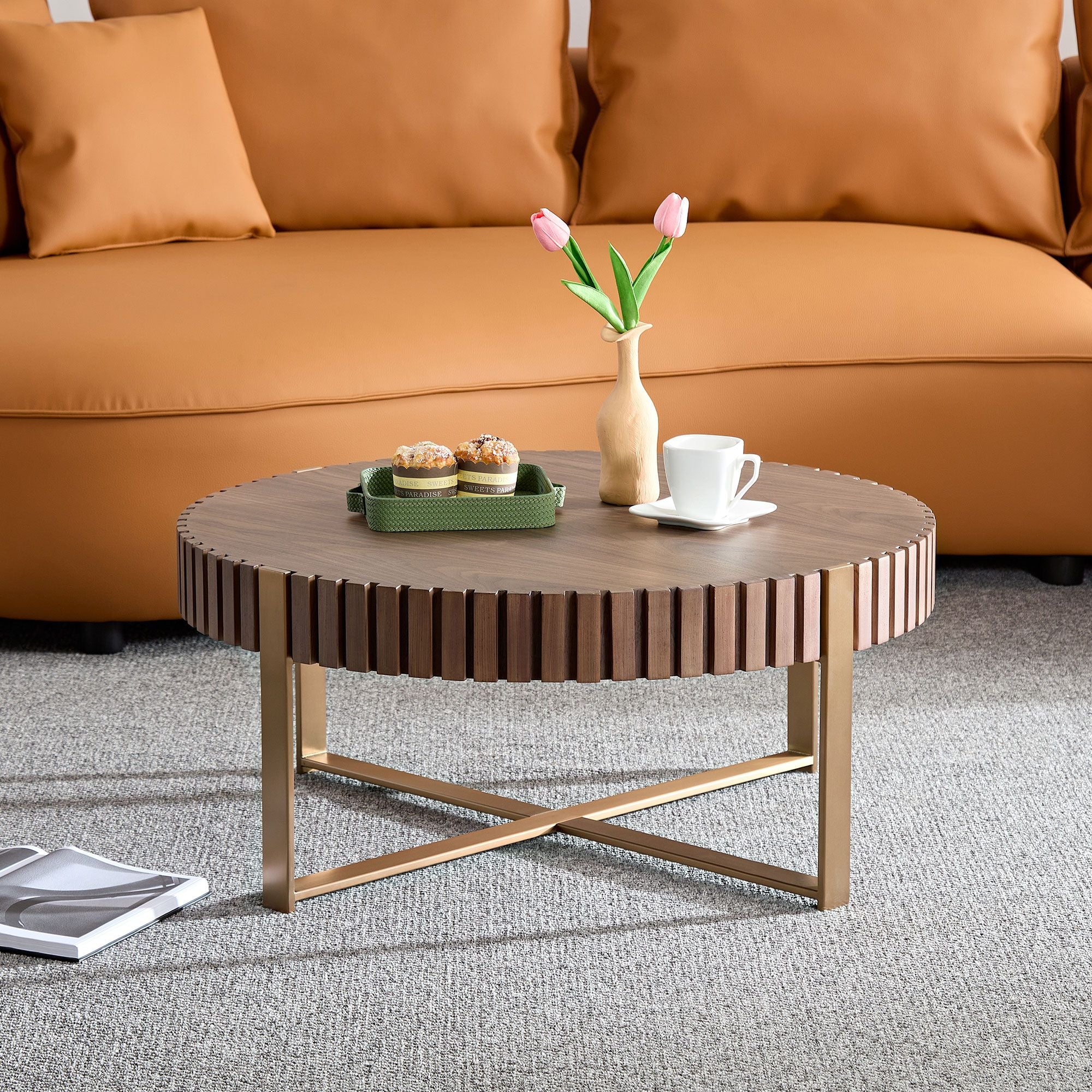 Modern Handcraft Drum Coffee Table 31.5 inch Round Coffee Table for Living Room,Small Coffee Table with Sturdy Pedestal