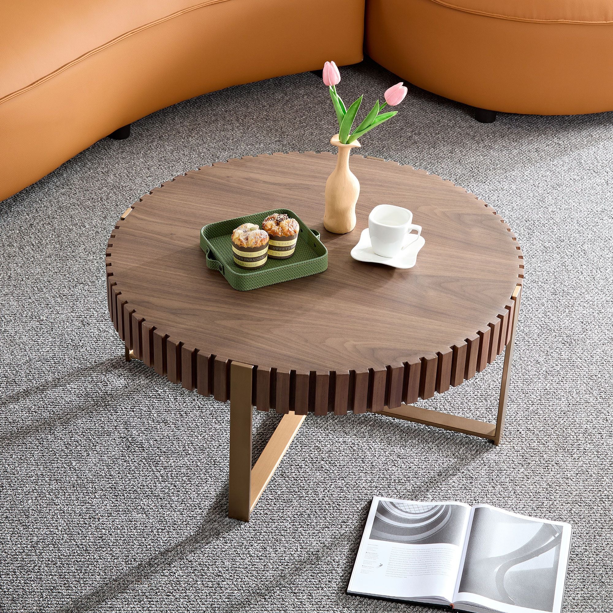 Modern Handcraft Drum Coffee Table 31.5 inch Round Coffee Table for Living Room,Small Coffee Table with Sturdy Pedestal