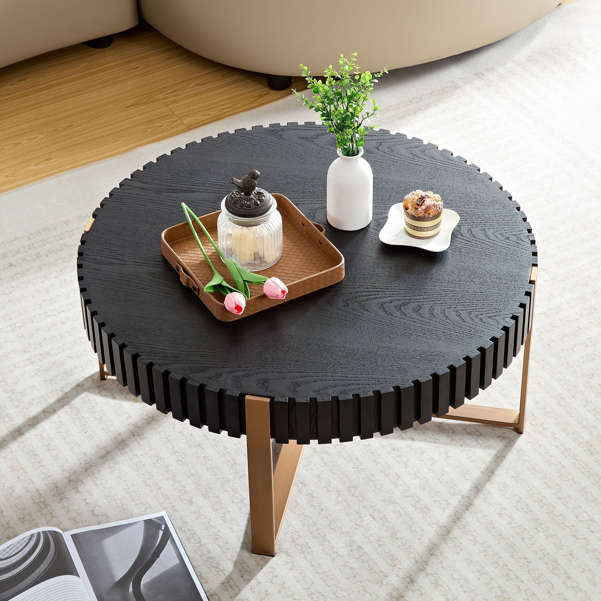 Modern Handcraft Drum Coffee Table 31.5 inch Round Coffee Table for Living Room,Small Coffee Table with Sturdy Pedestal