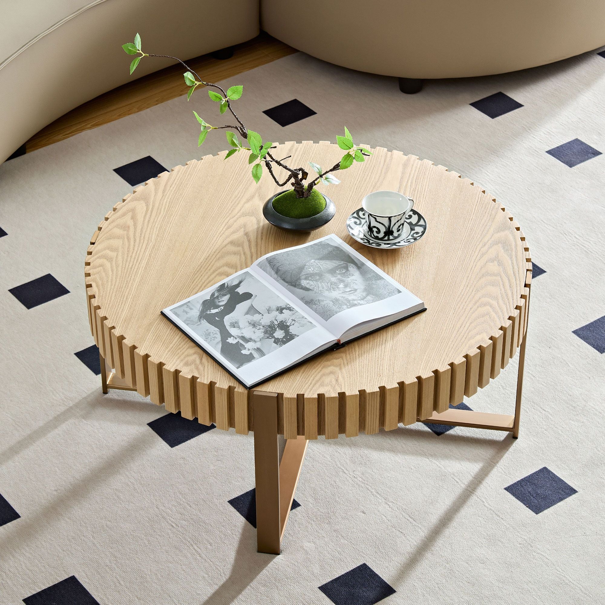 Modern Handcraft Drum Coffee Table 31.5 inch Round Coffee Table for Living Room,Small Coffee Table with Sturdy Pedestal