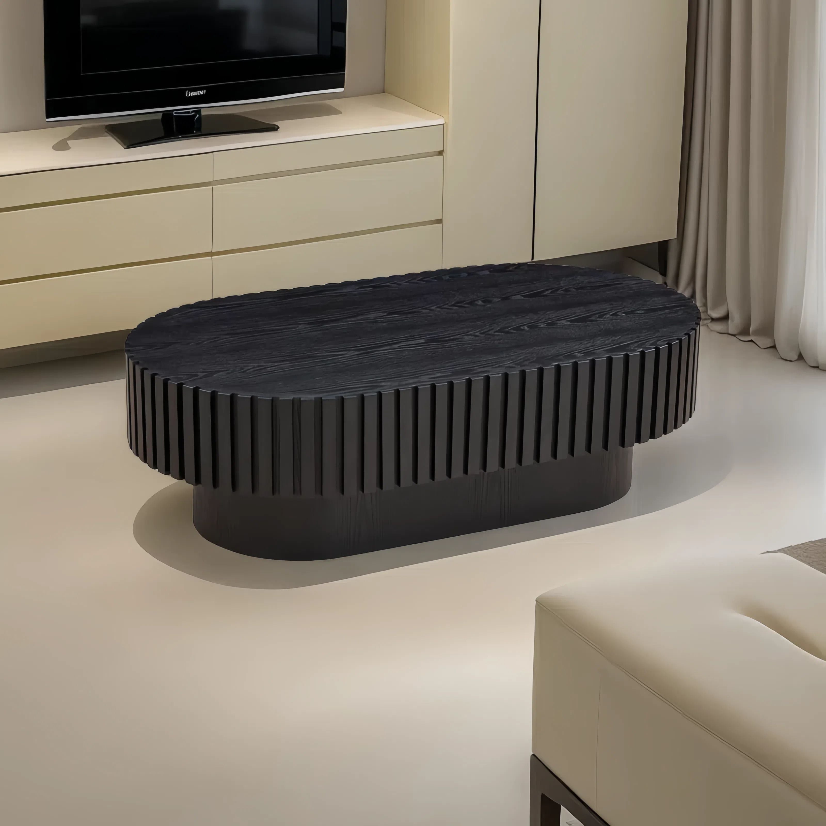 43.70 Inch Modern Handcraft Drum Coffee Table Oval Coffee Table for Living Room,Small Wooden Coffee Table with Sturdy Pedestal for Office