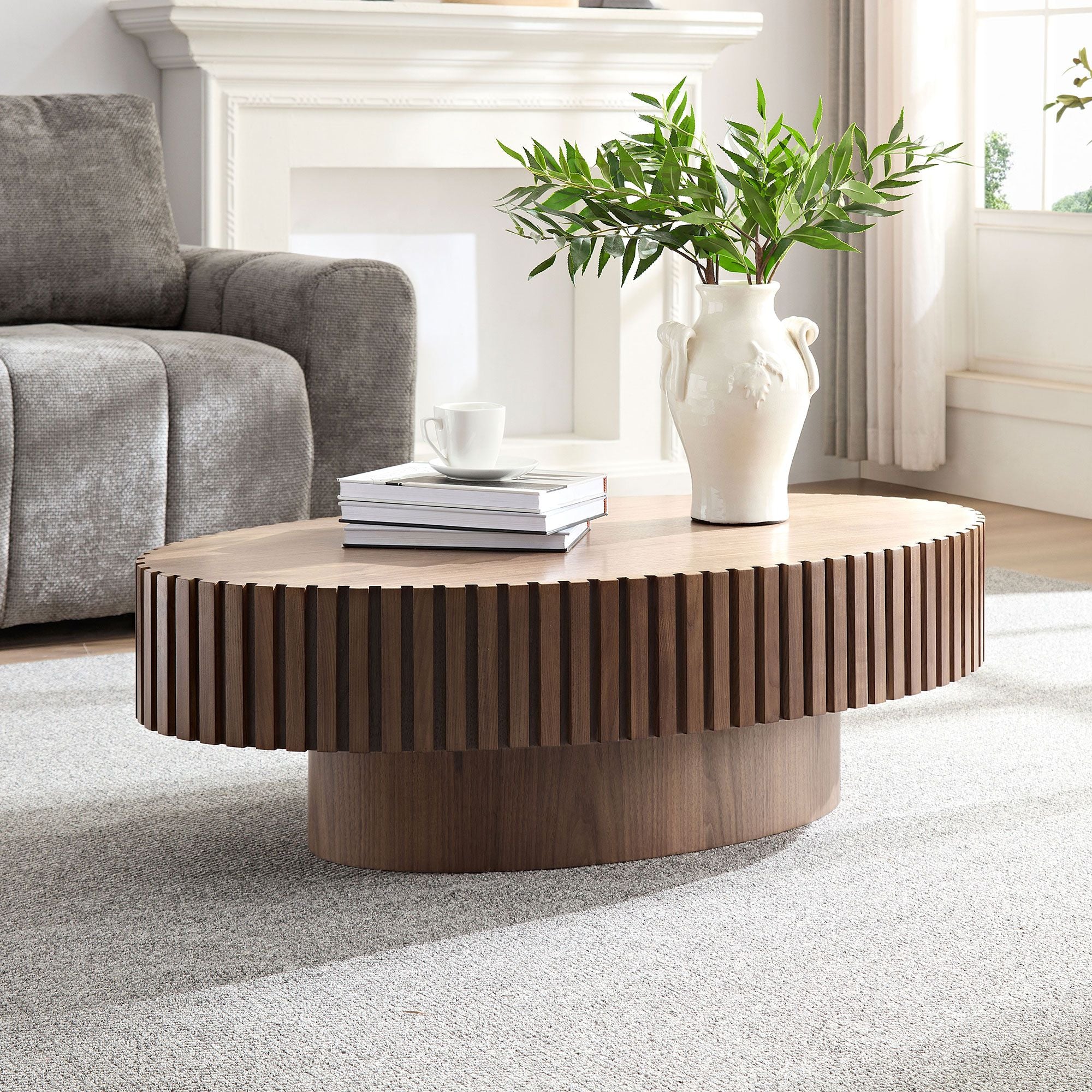 Modern Handcraft Drum Coffee Table Length 43.7 inch Ellipse Coffee Table for Living Room,Oval Small Coffee Table with Sturdy Pedestal