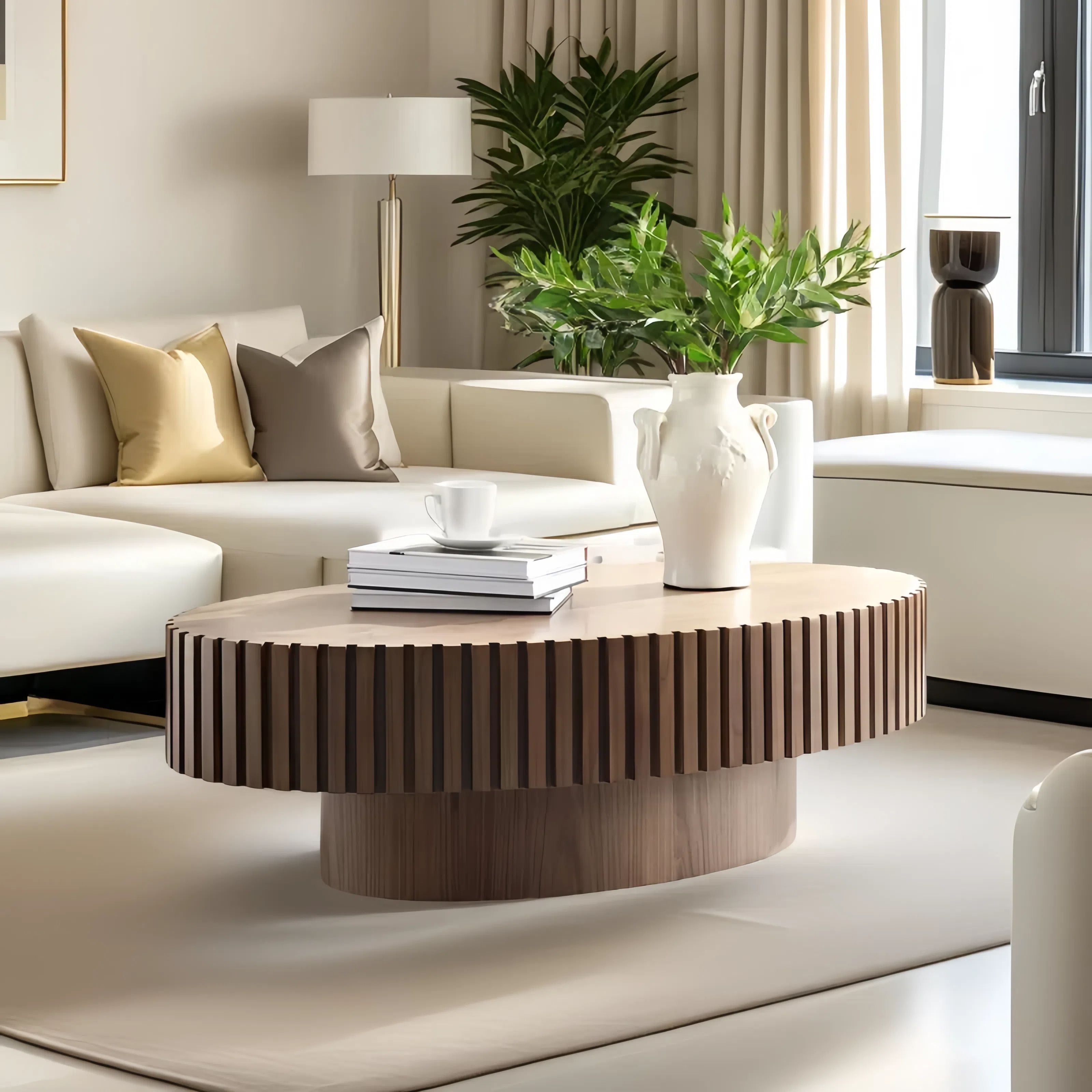 Modern Handcraft Drum Coffee Table Length 43.7 inch Ellipse Coffee Table for Living Room,Oval Small Coffee Table with Sturdy Pedestal
