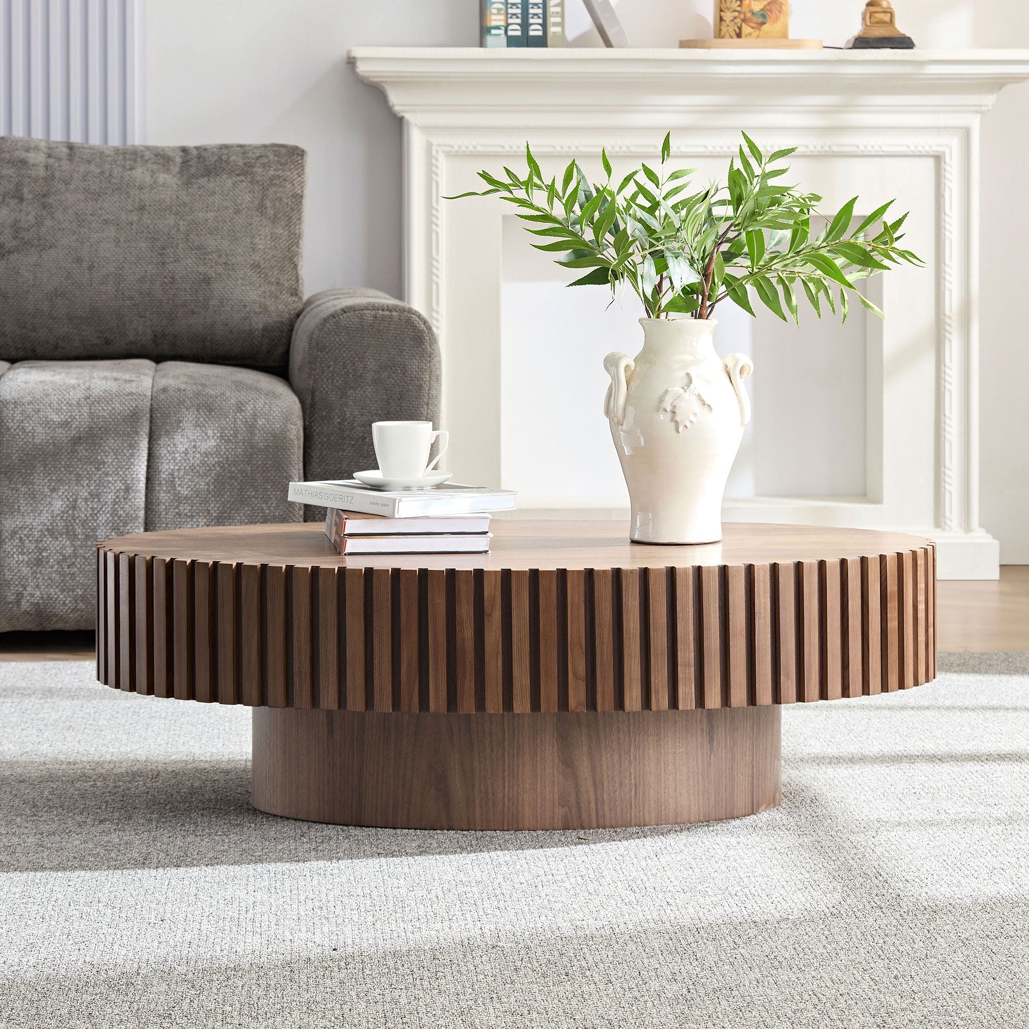 Modern Handcraft Drum Coffee Table Length 43.7 inch Ellipse Coffee Table for Living Room,Oval Small Coffee Table with Sturdy Pedestal