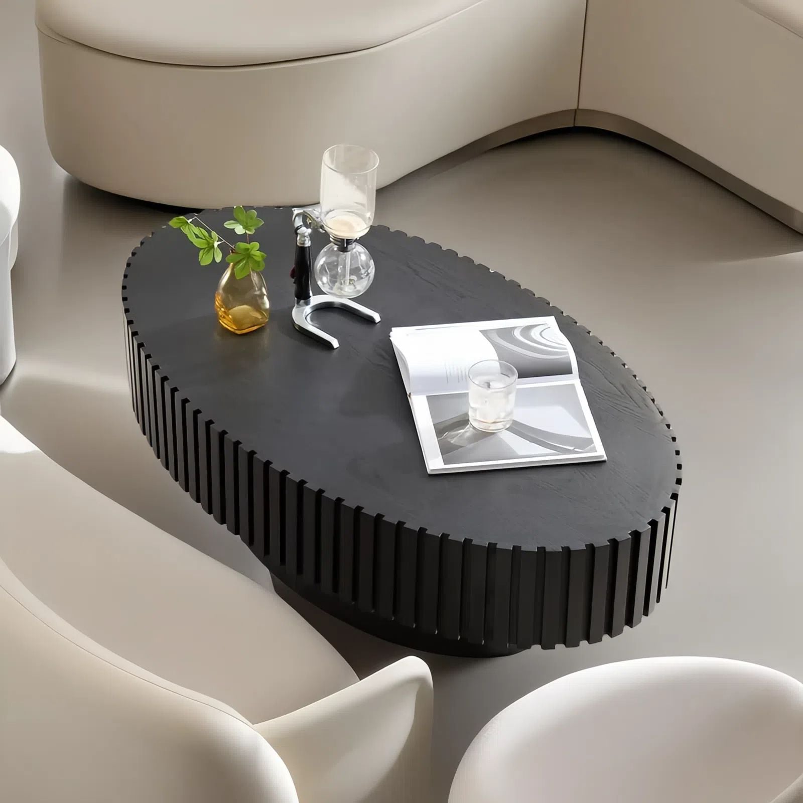 Modern Handcraft Drum Coffee Table Length 43.7 inch Ellipse Coffee Table for Living Room,Oval Small Coffee Table with Sturdy Pedestal