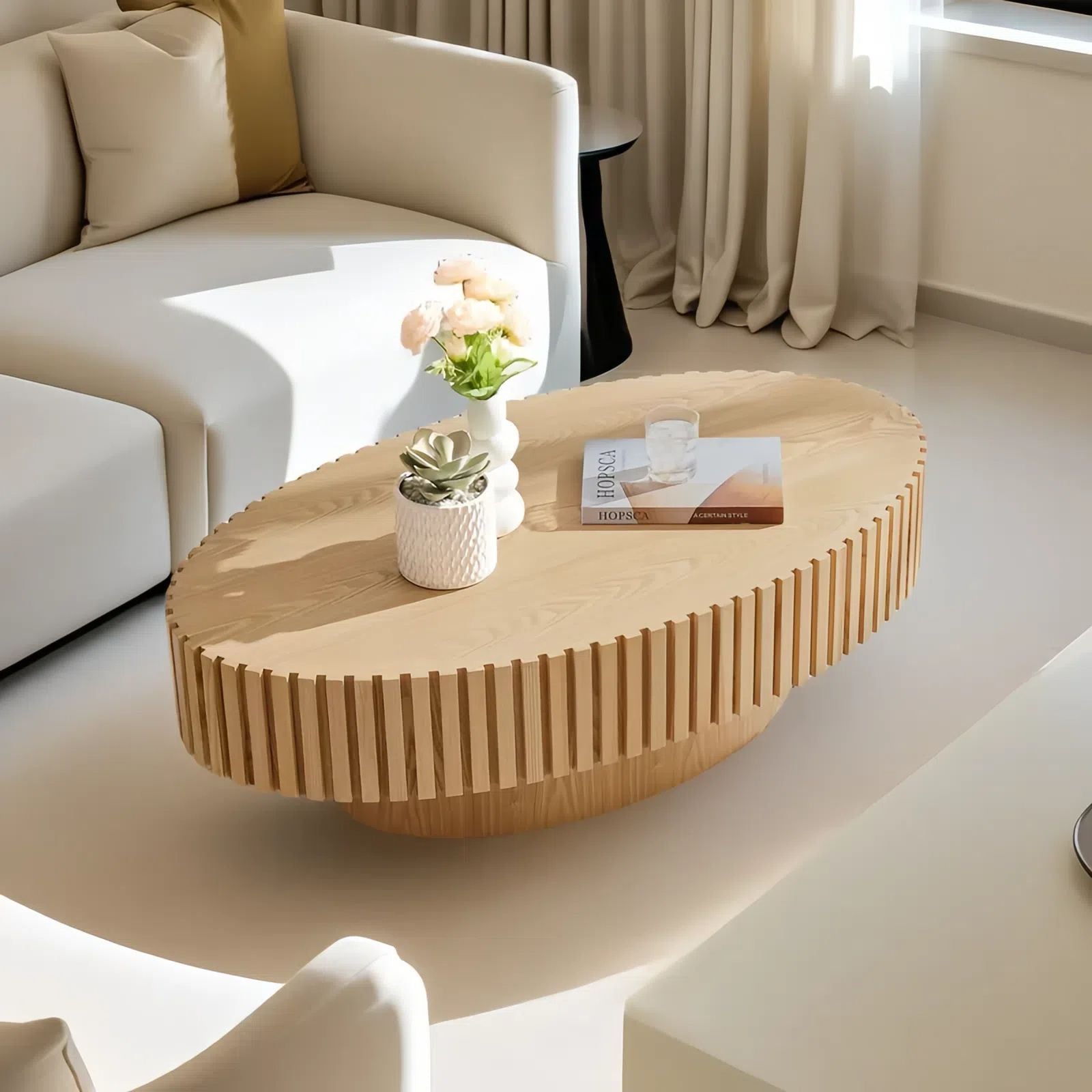 Modern Handcraft Drum Coffee Table Length 43.7 inch Ellipse Coffee Table for Living Room,Oval Small Coffee Table with Sturdy Pedestal