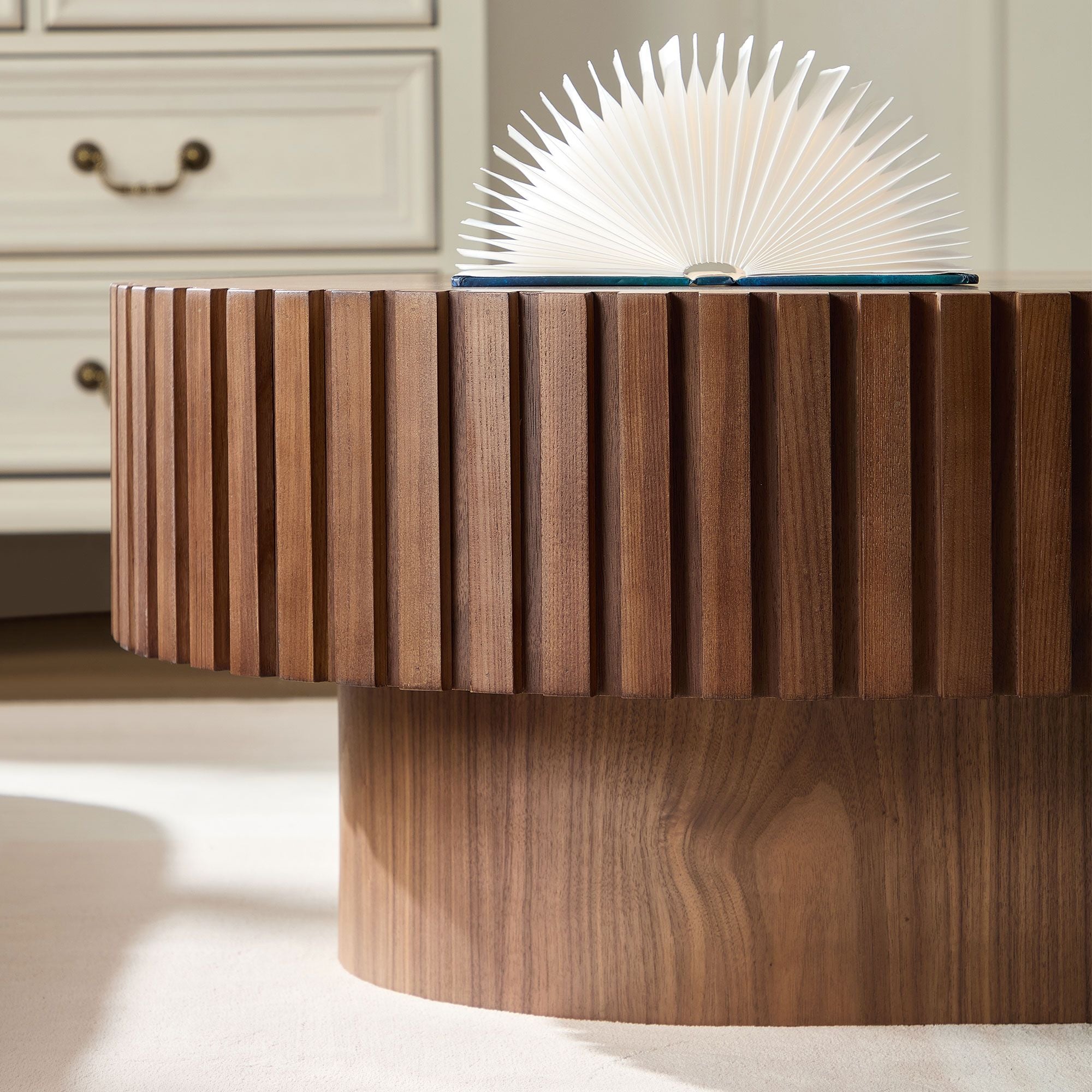 43.70 Inch Modern Handcraft Drum Coffee Table Oval Coffee Table for Living Room,Small Wooden Coffee Table with Sturdy Pedestal for Office