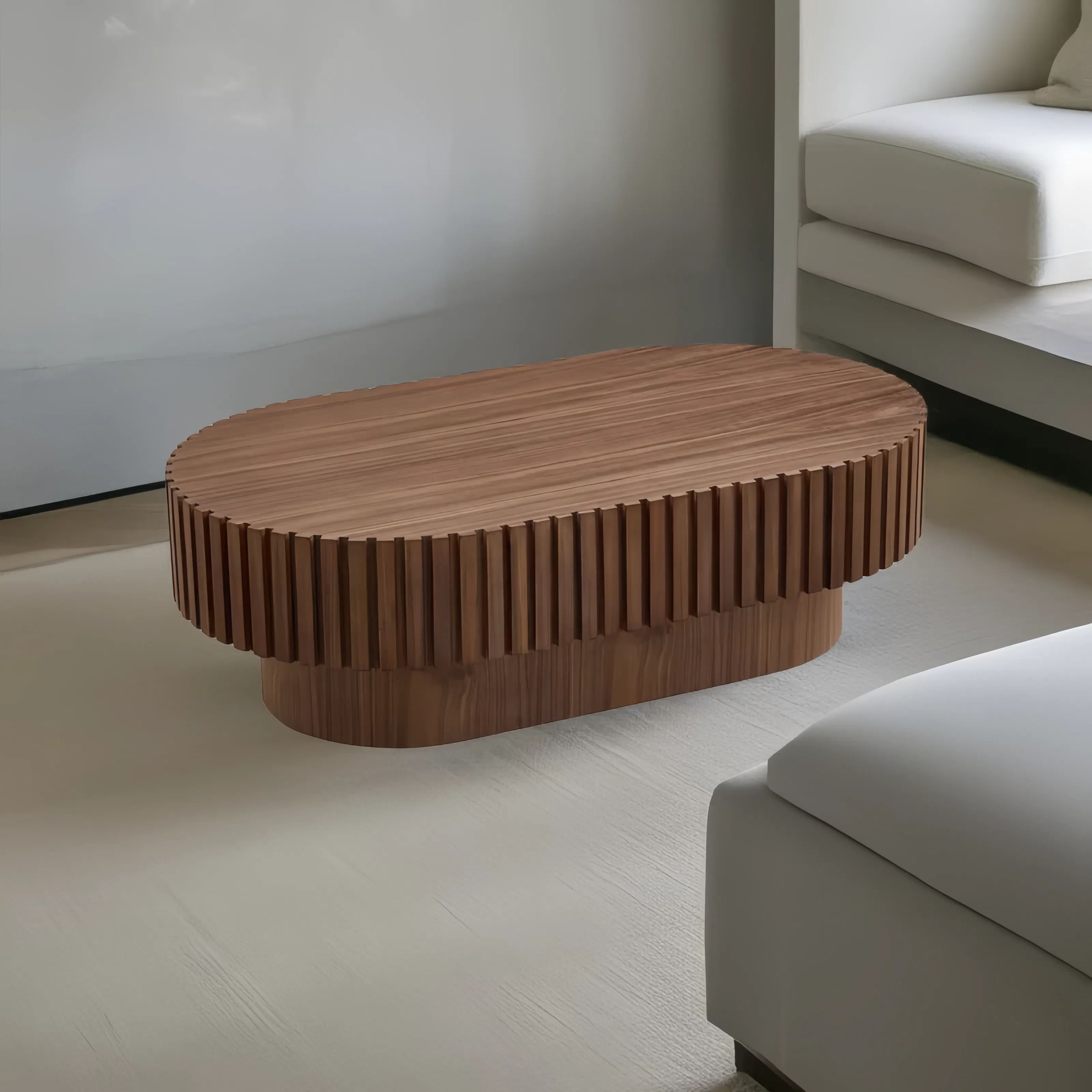 43.70 Inch Modern Handcraft Drum Coffee Table Oval Coffee Table for Living Room,Small Wooden Coffee Table with Sturdy Pedestal for Office